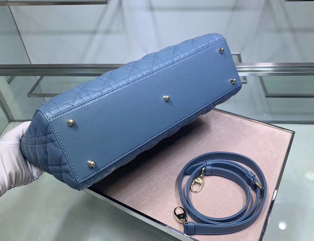 D*or large lady D*or bag in denim blue cannage lambskin