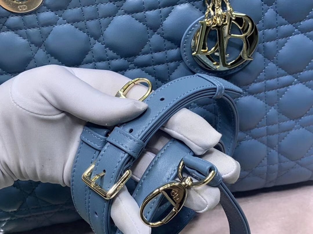 D*or large lady D*or bag in denim blue cannage lambskin
