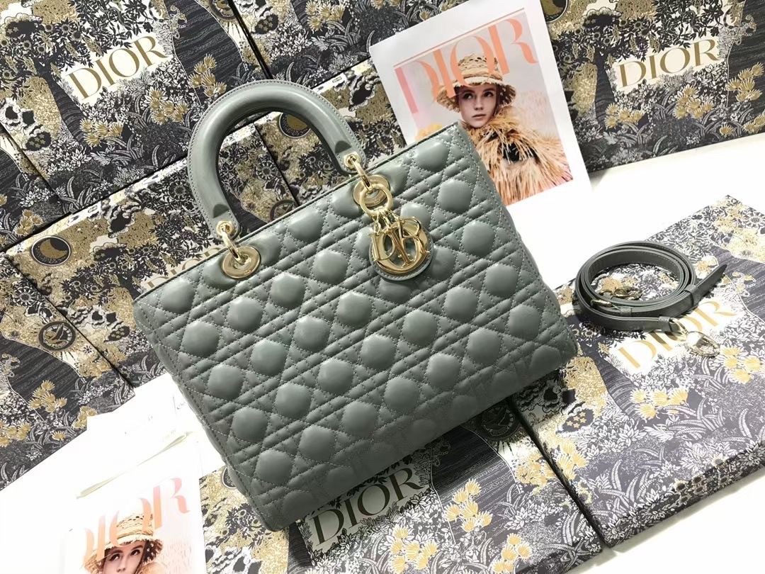 D*or large lady D*or bag in grey cannage lambskin