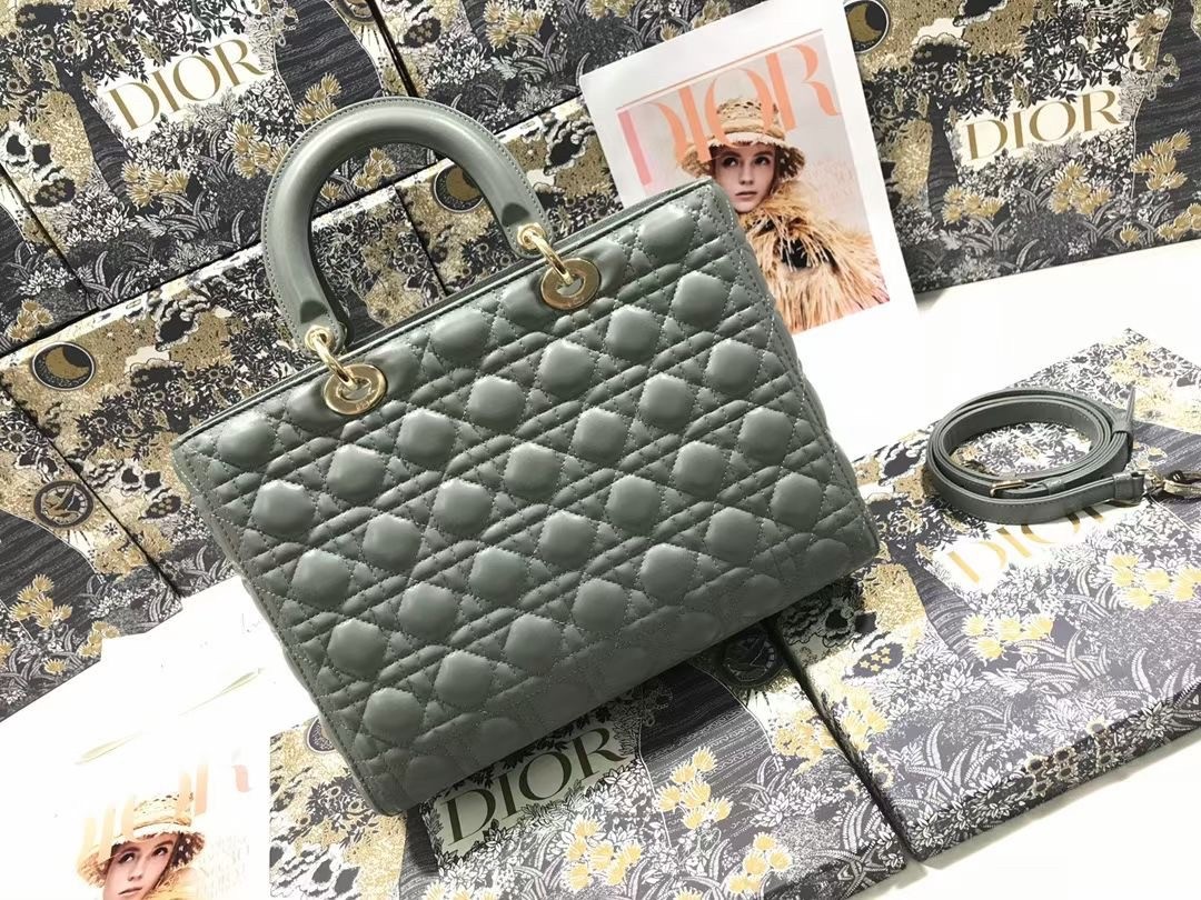 D*or large lady D*or bag in grey cannage lambskin