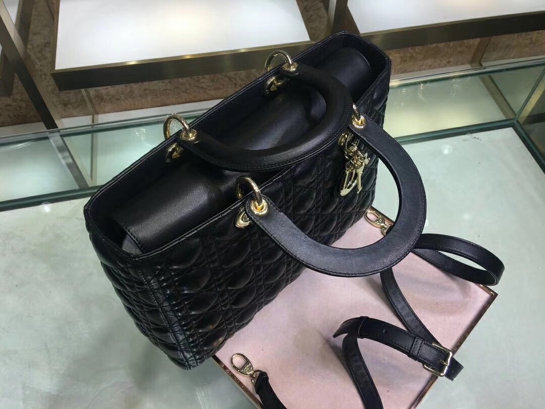 D*or large lady D*or bag in black cannage lambskin
