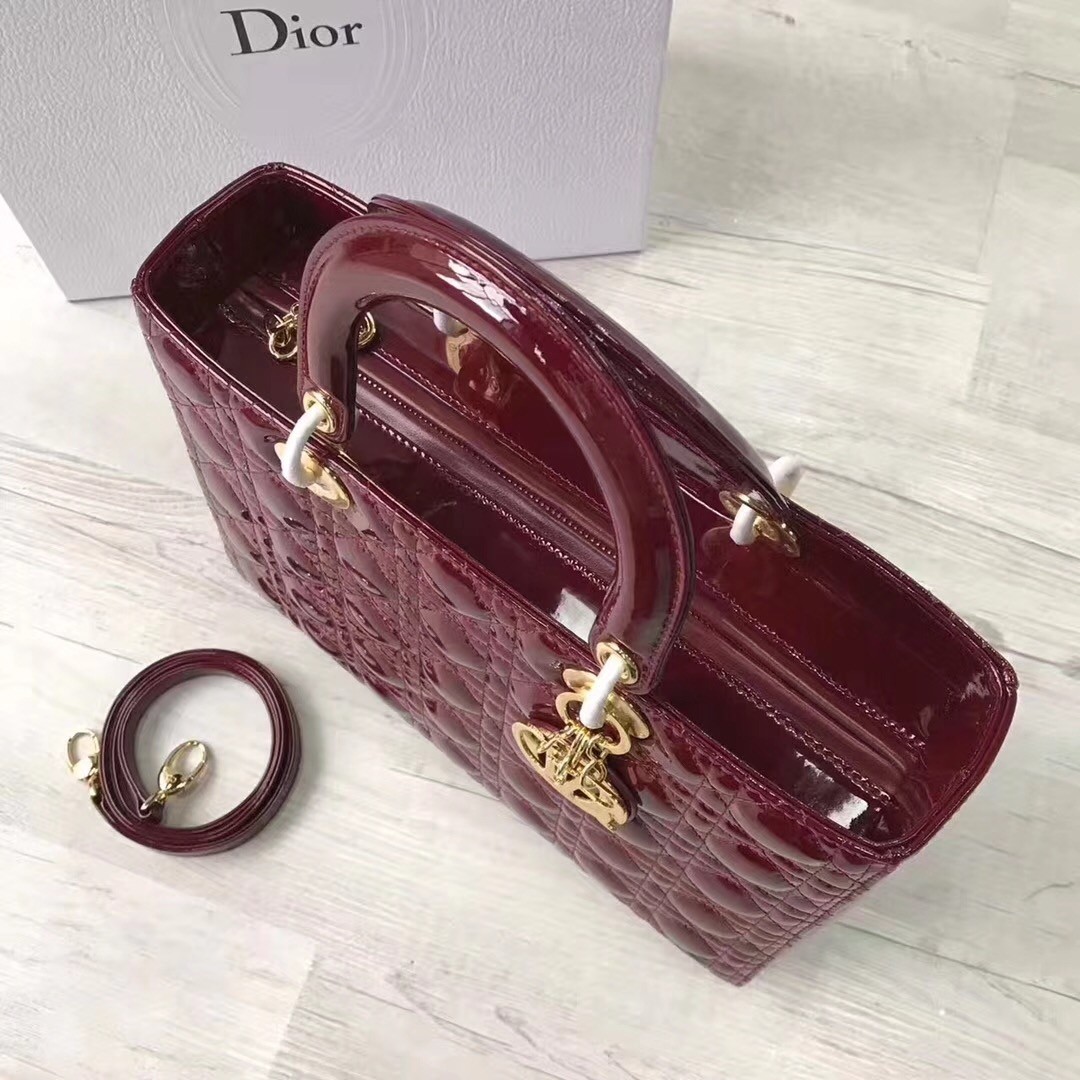 D*or large lady D*or bag in bordeaux patent leather