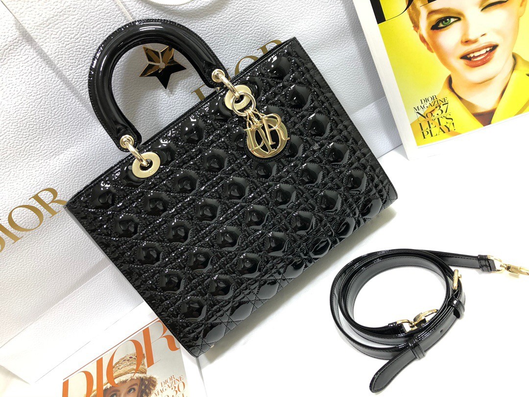 D*or large lady D*or bag in black patent cannage calfskin