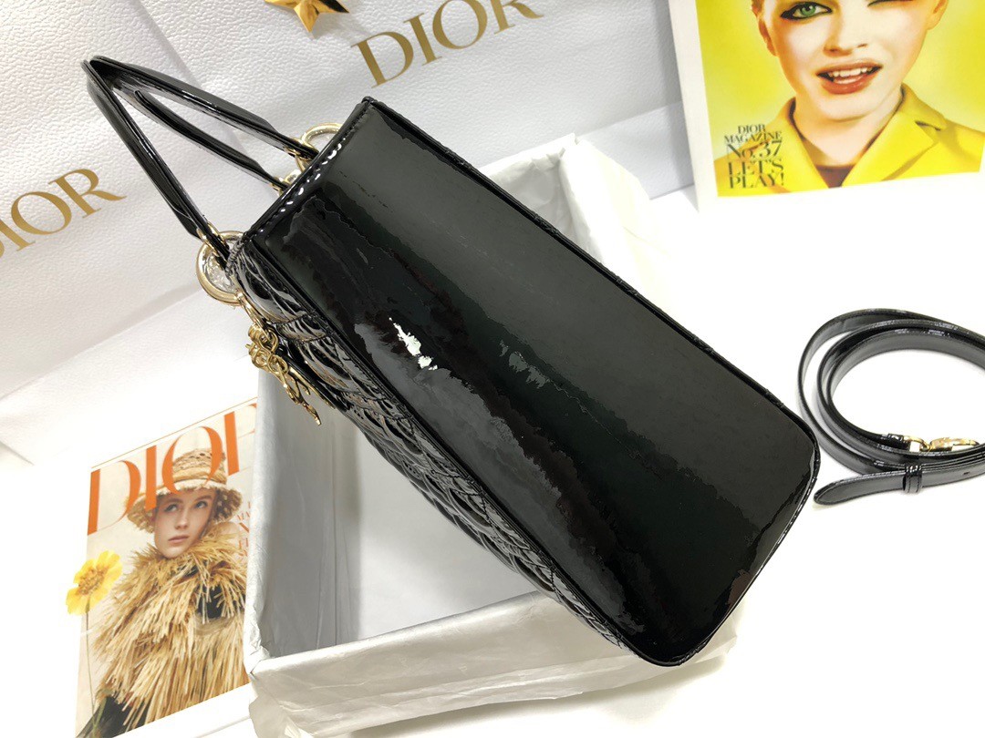 D*or large lady D*or bag in black patent cannage calfskin
