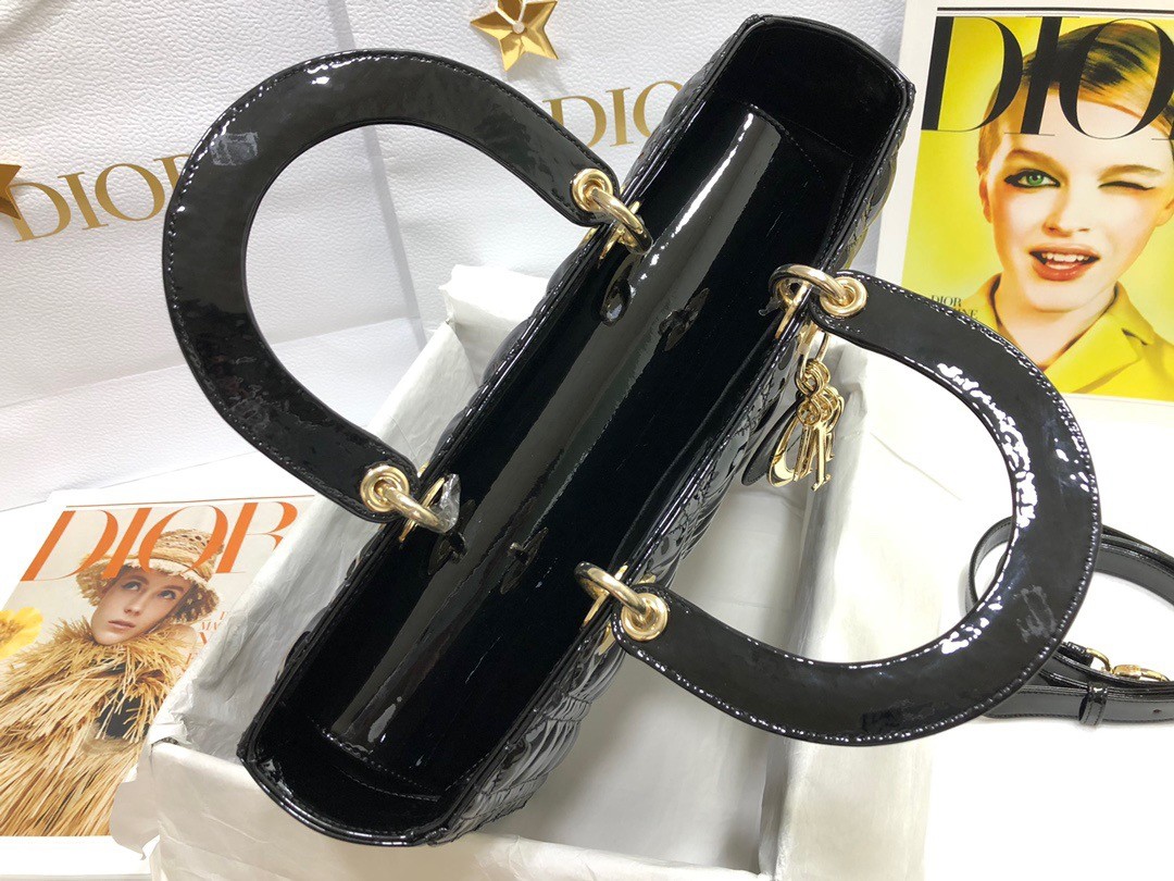 D*or large lady D*or bag in black patent cannage calfskin