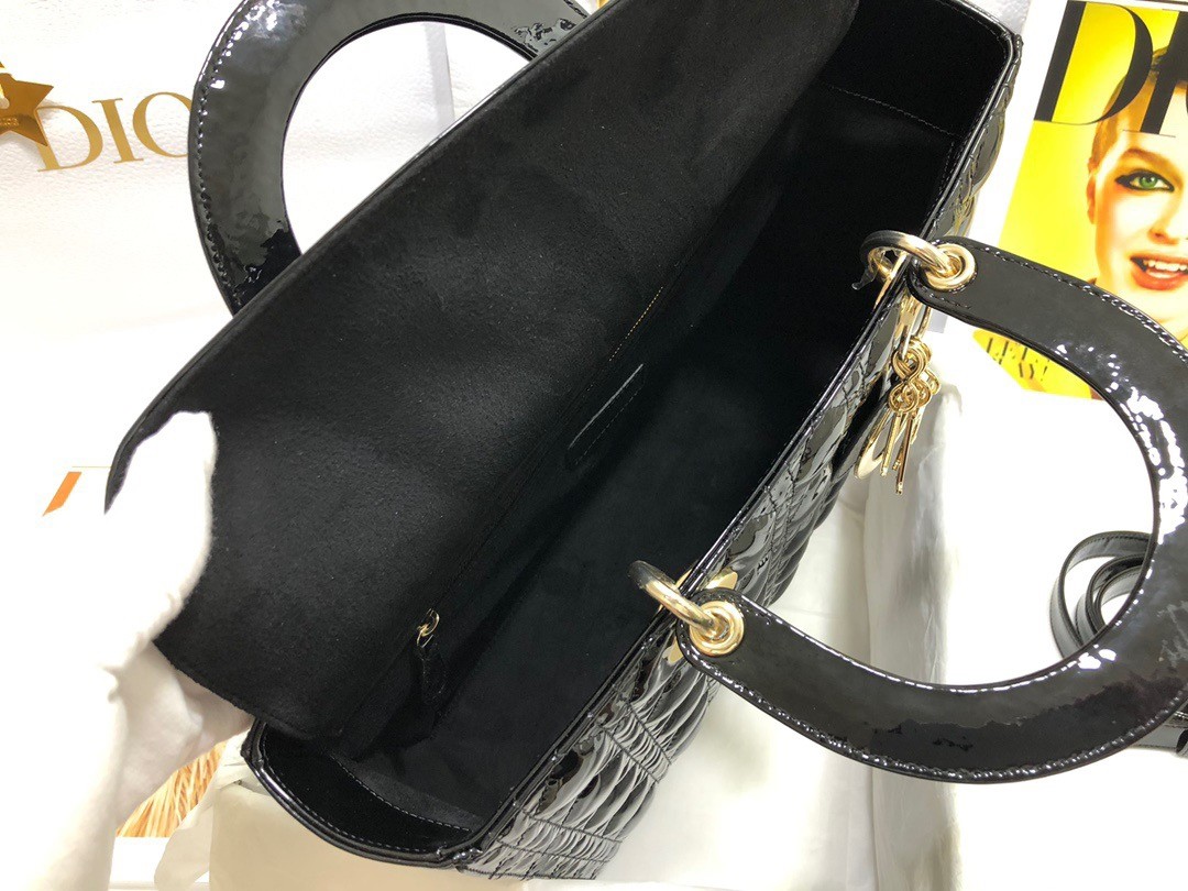 D*or large lady D*or bag in black patent cannage calfskin