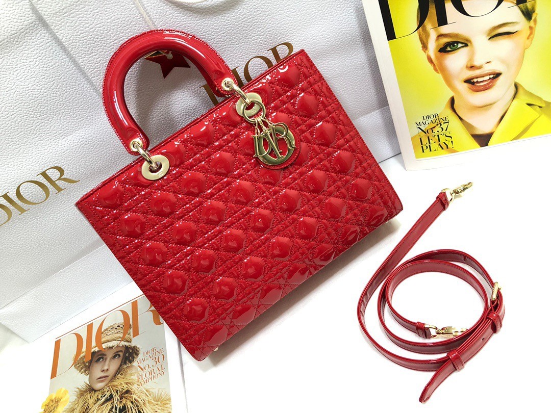 D*or large lady D*or bag in red patent cannage calfskin