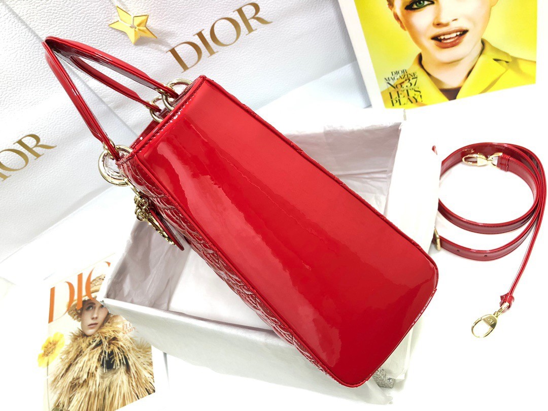 D*or large lady D*or bag in red patent cannage calfskin
