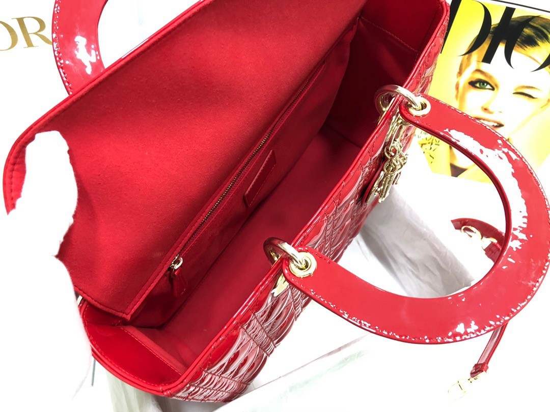 D*or large lady D*or bag in red patent cannage calfskin