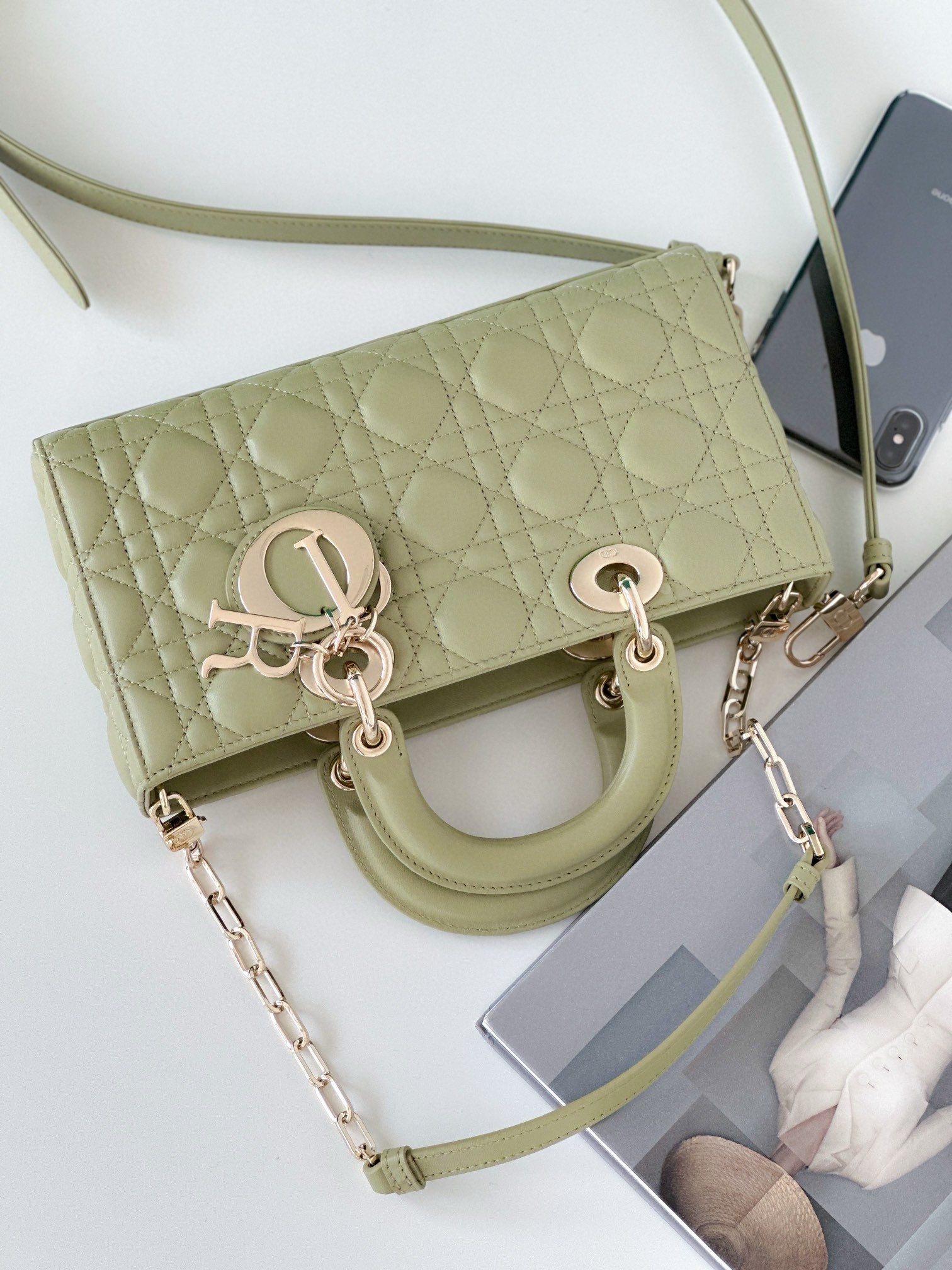 D*or lady d-joy medium bag in ethereal green cannage lambskin
