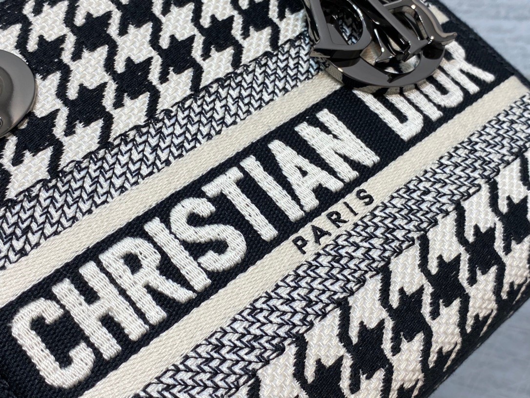 D*or mini lady d-lite bag in black and white houndstooth embroidery