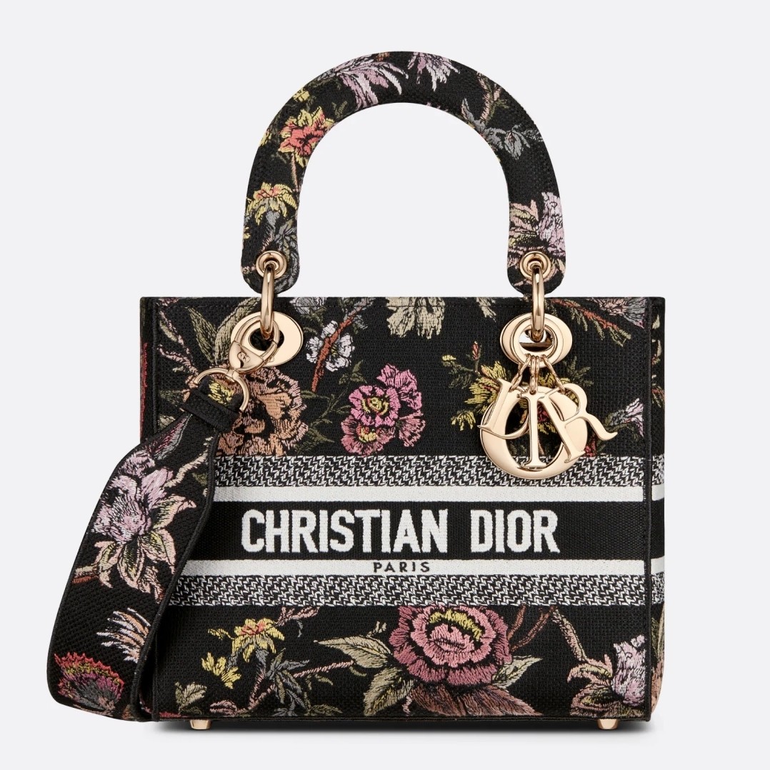 D*or medium lady d-lite bag in black jardin botanique embroidery
