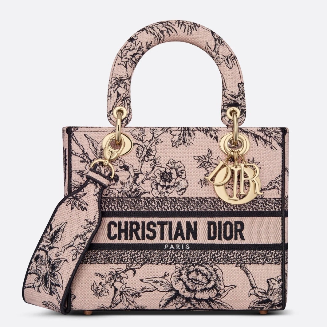 D*or medium lady d-lite bag in powder jardin botanique embroidery