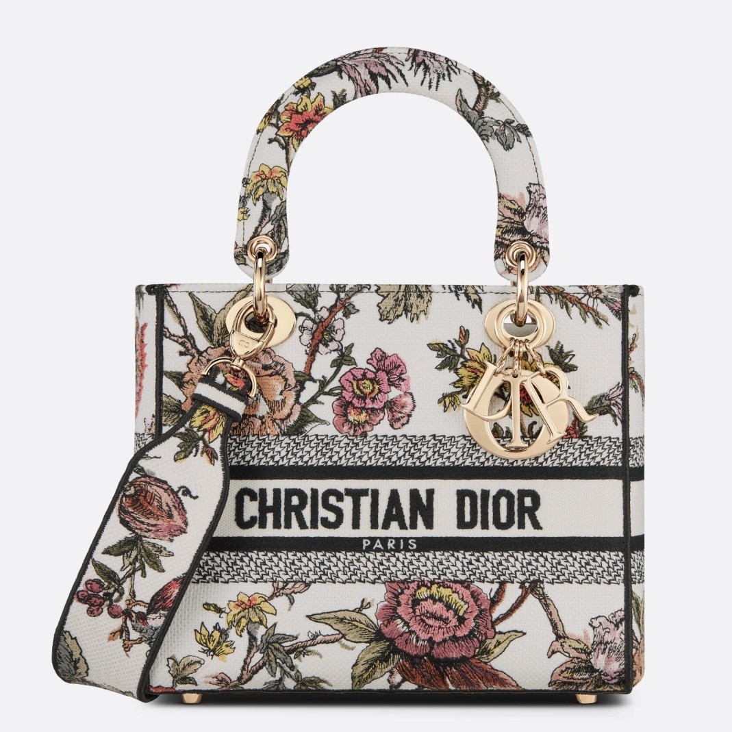 D*or medium lady d-lite bag in white jardin botanique embroidery