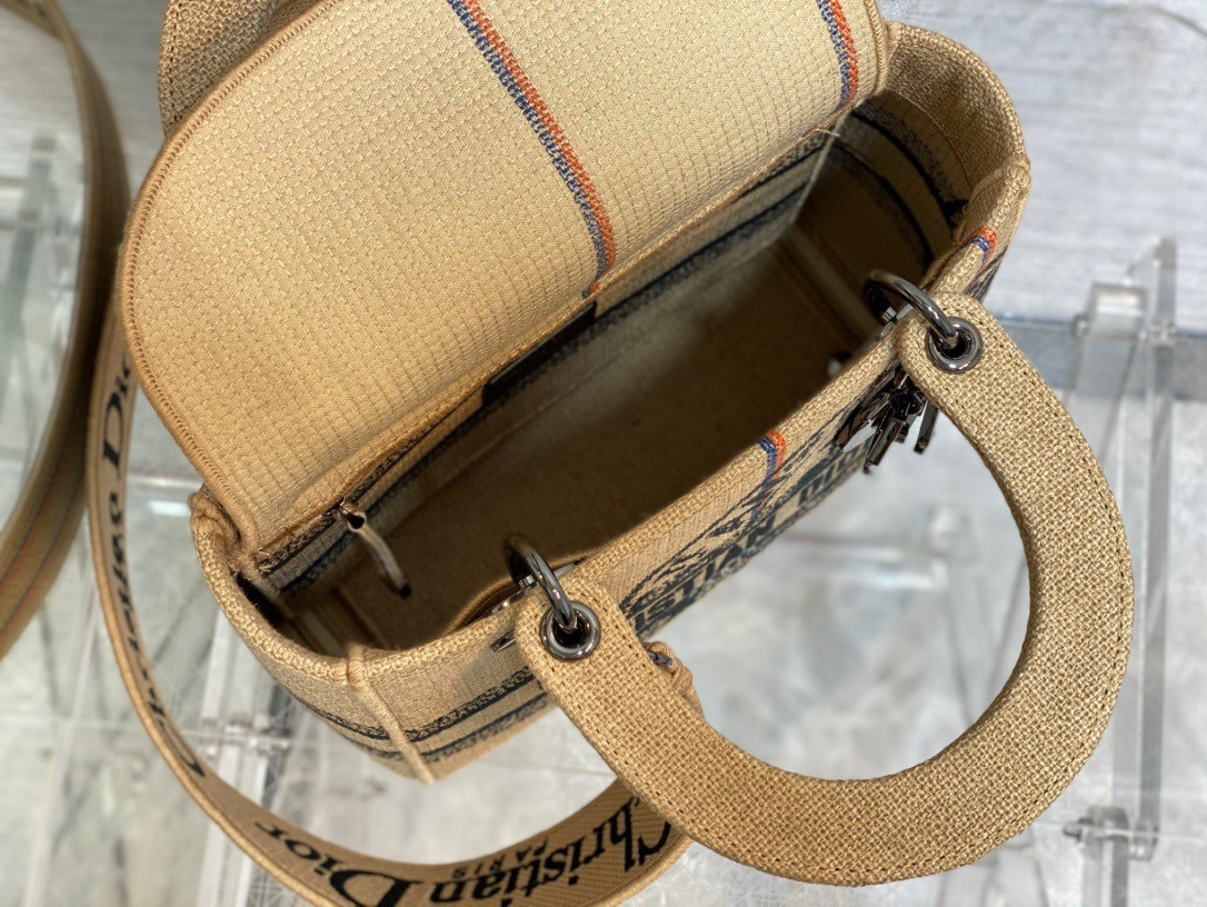 D*or medium lady d-lite bag in beige jute canvas with D*or union motif