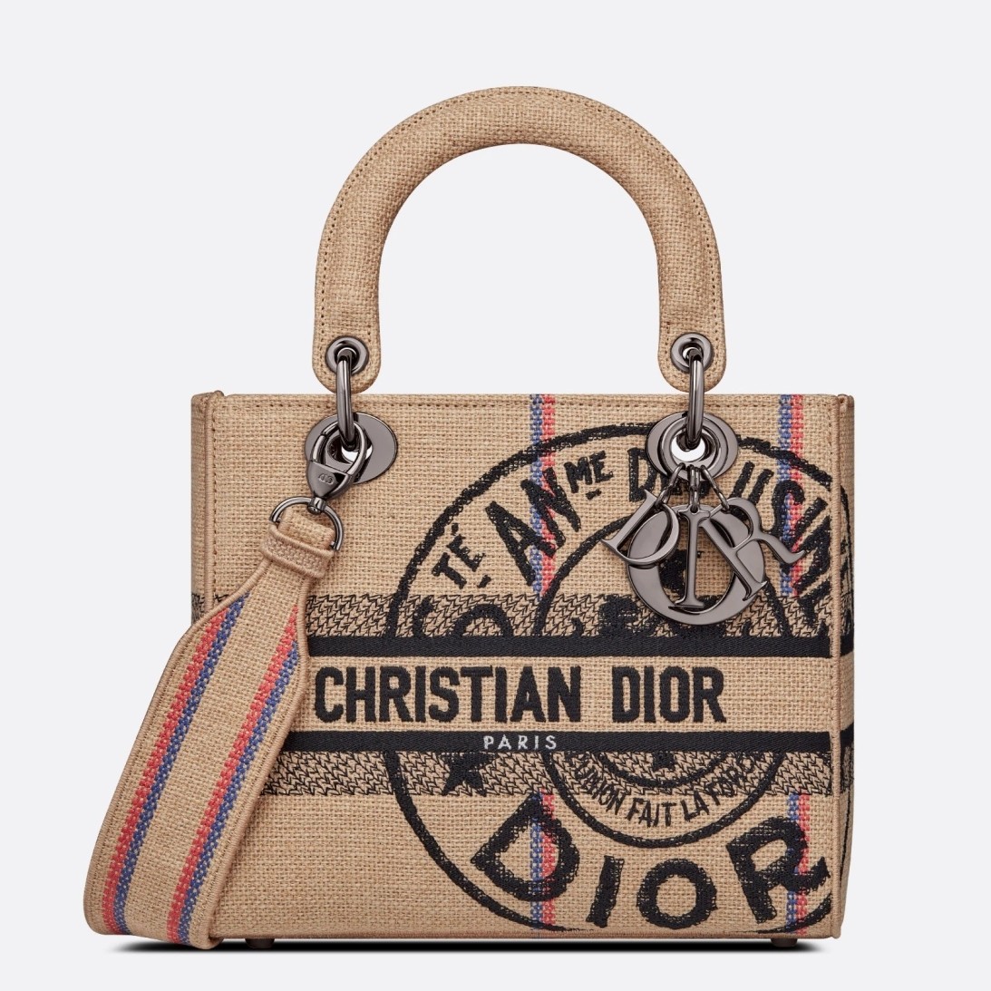 D*or medium lady d-lite bag in beige jute canvas with D*or union motif