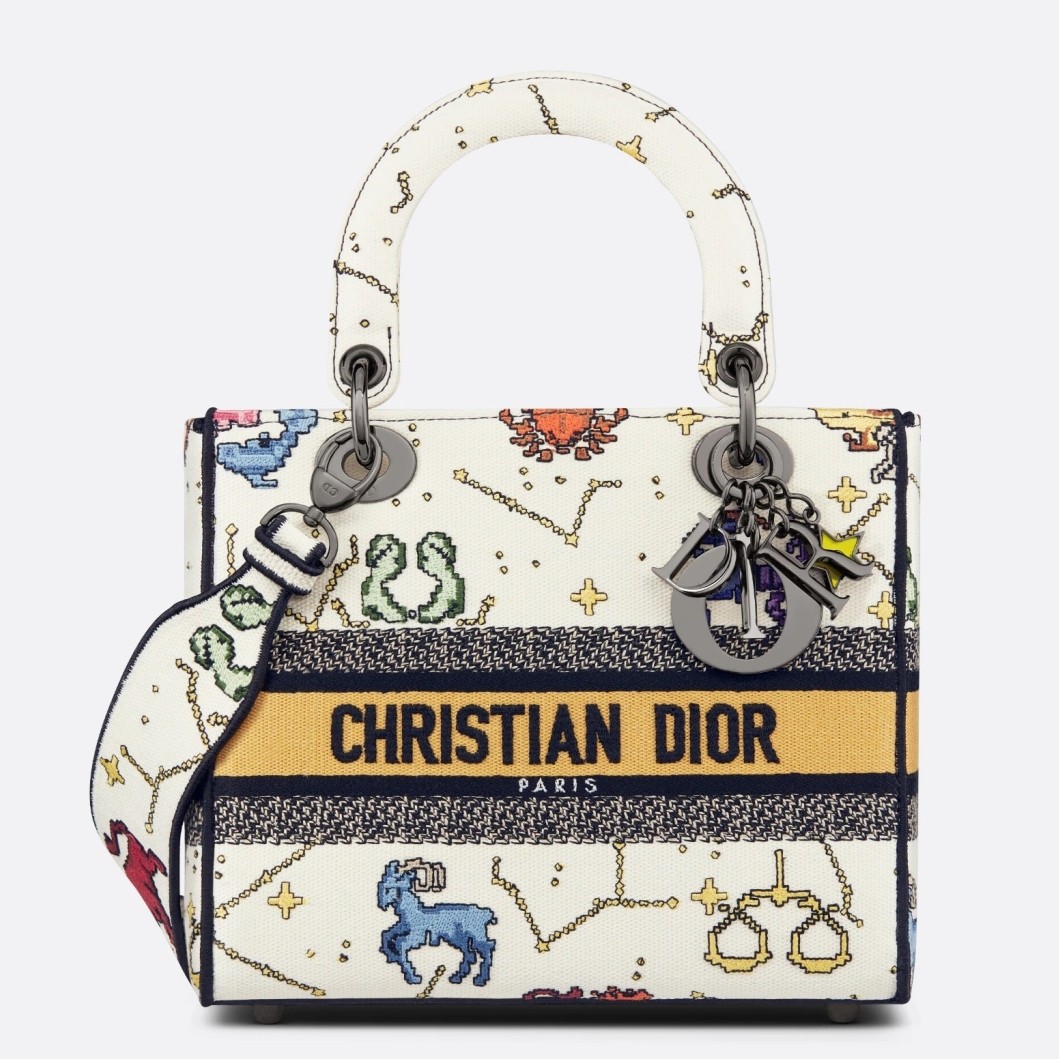 D*or medium lady d-lite bag in white pixel zodiac embroidery