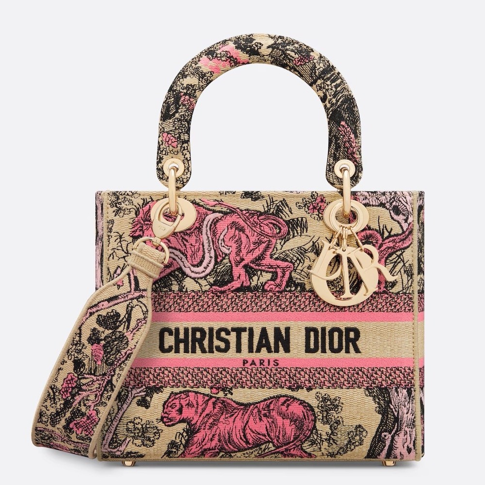 D*or D*oriviera lady d-lite medium bag in raffia with pink toile de jouy sauvage embroidery