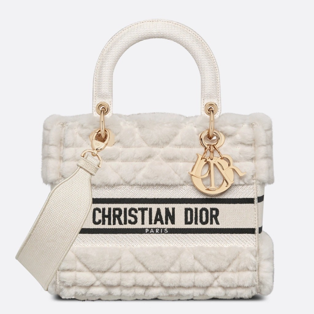D*or medium lady d-lite bag in white cannage shearling