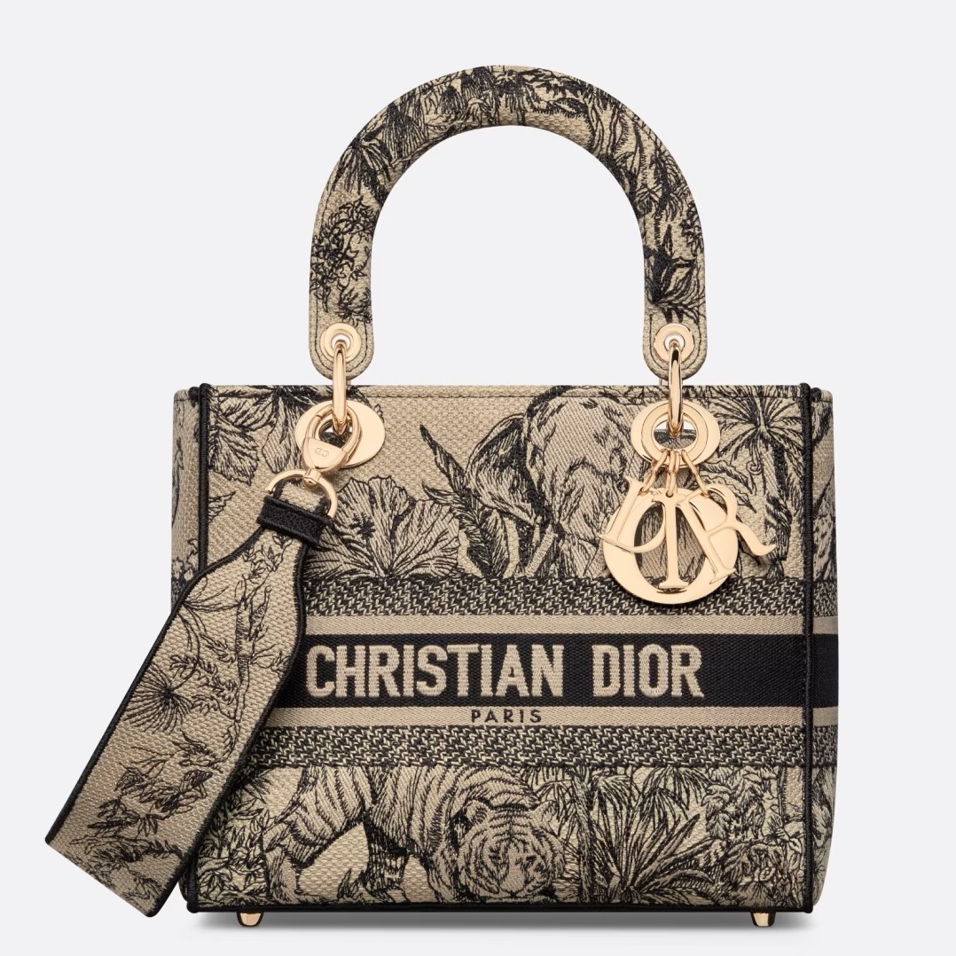 D*or lady d-lite medium bag in beige toile de jouy voyage embroidery