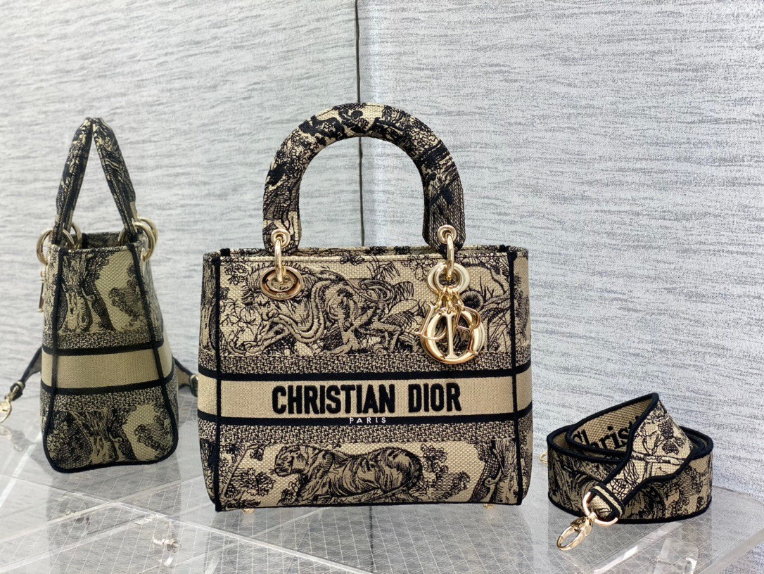 D*or medium lady d-lite bag in brown toile de jouy embroidery
