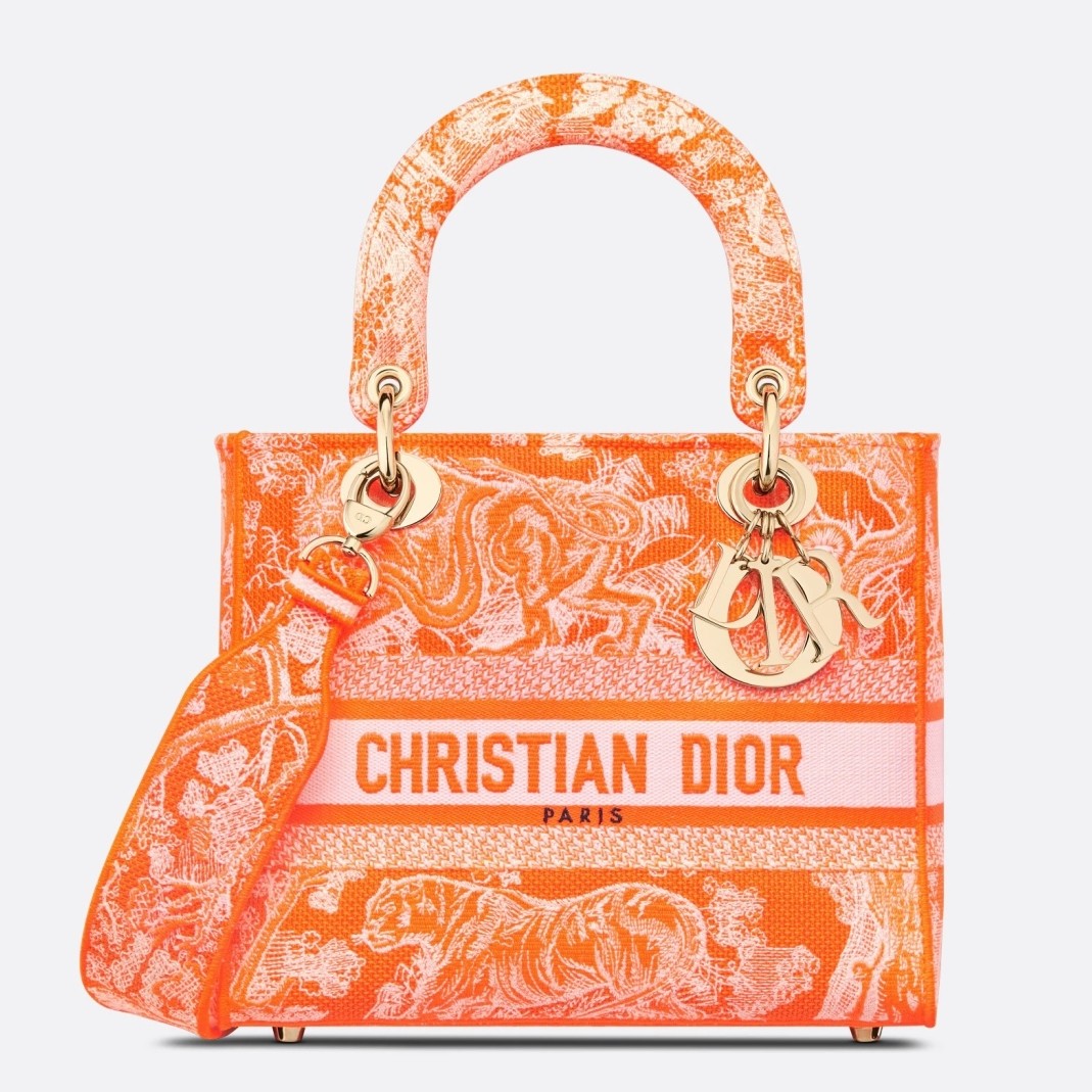D*or medium lady d-lite bag in fluorescent orange toile de jouy reverse embroidery