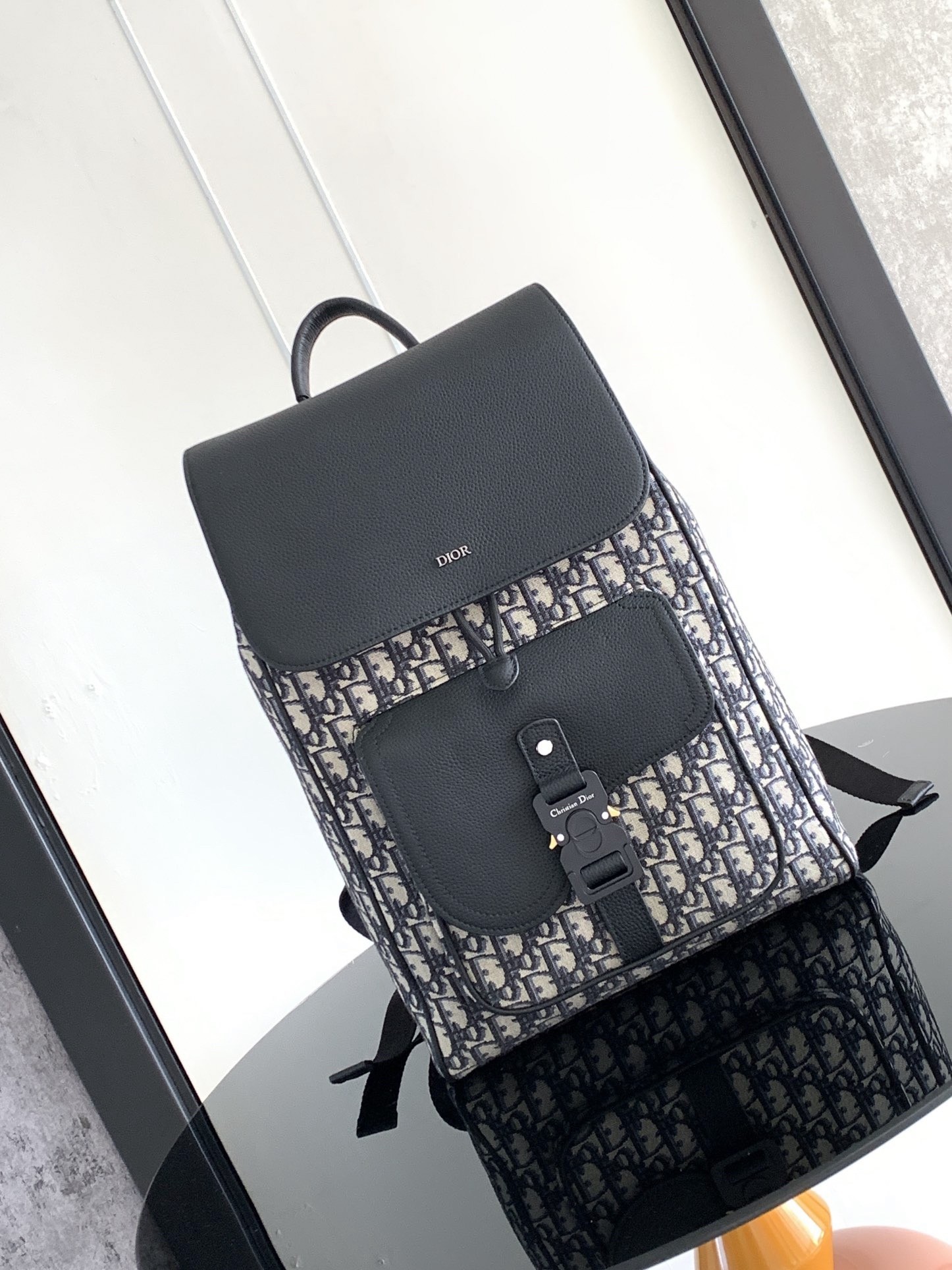 D*or saddle backpack with flap in beige oblique jacquard