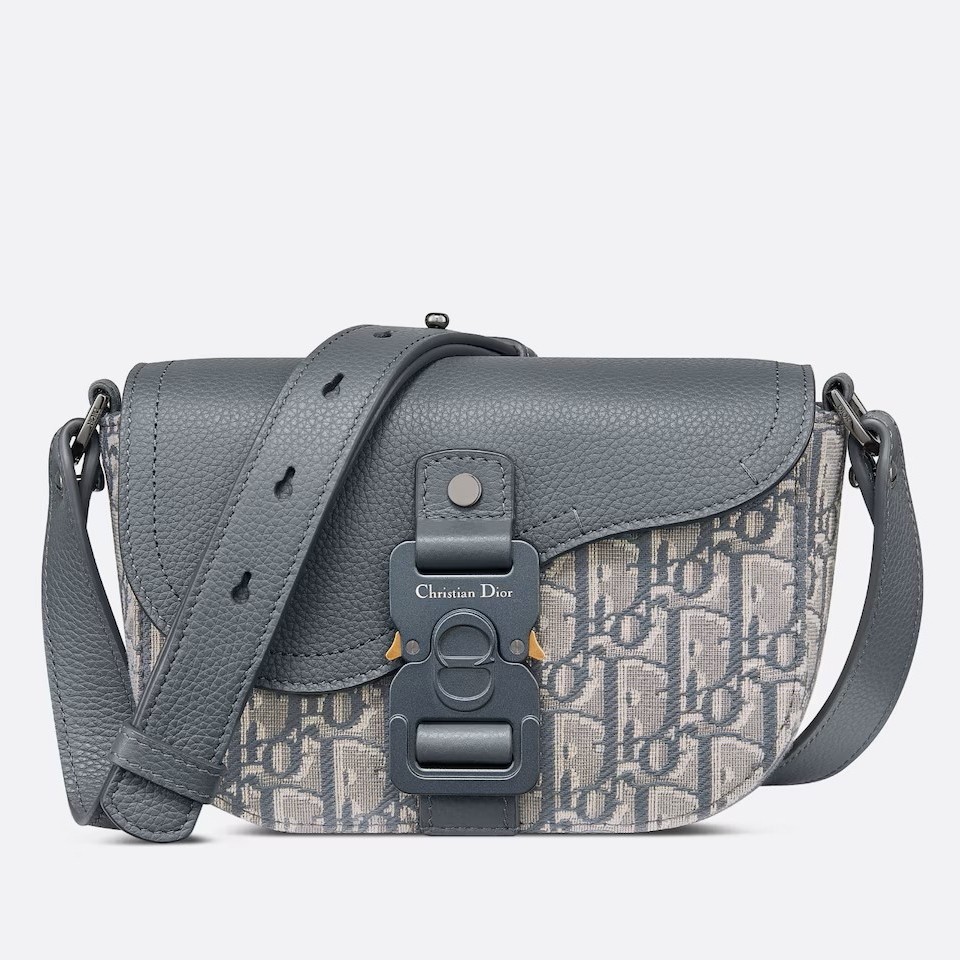 D*or mini saddle messenger bag in grey oblique jacquard and calfskin