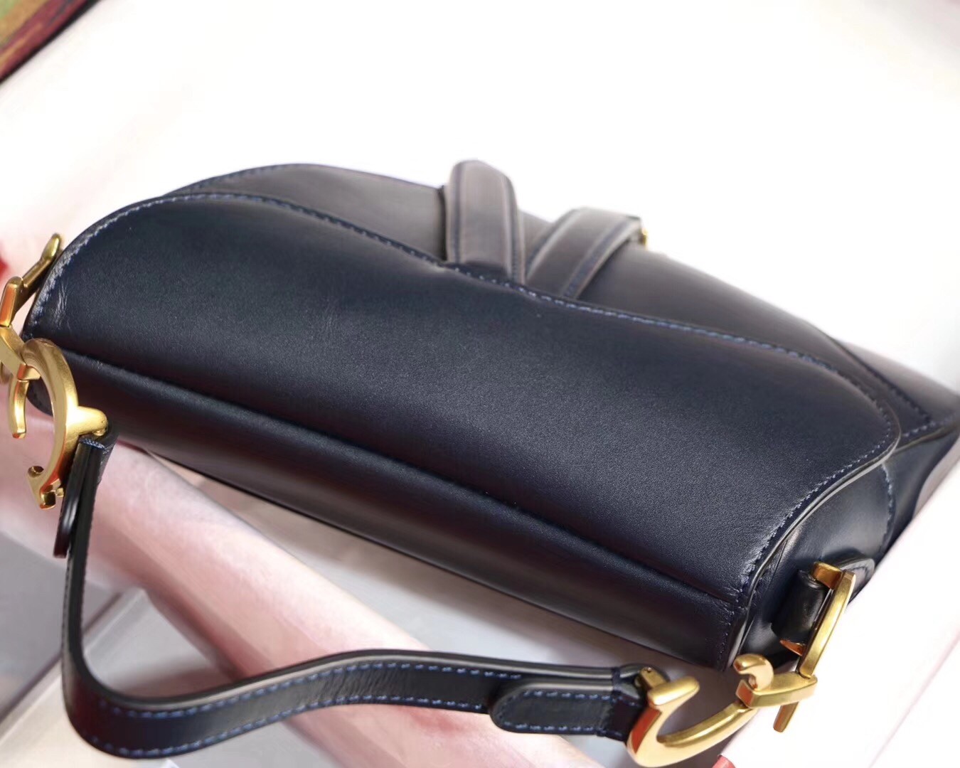 D*or mini saddle bag in blue calfskin