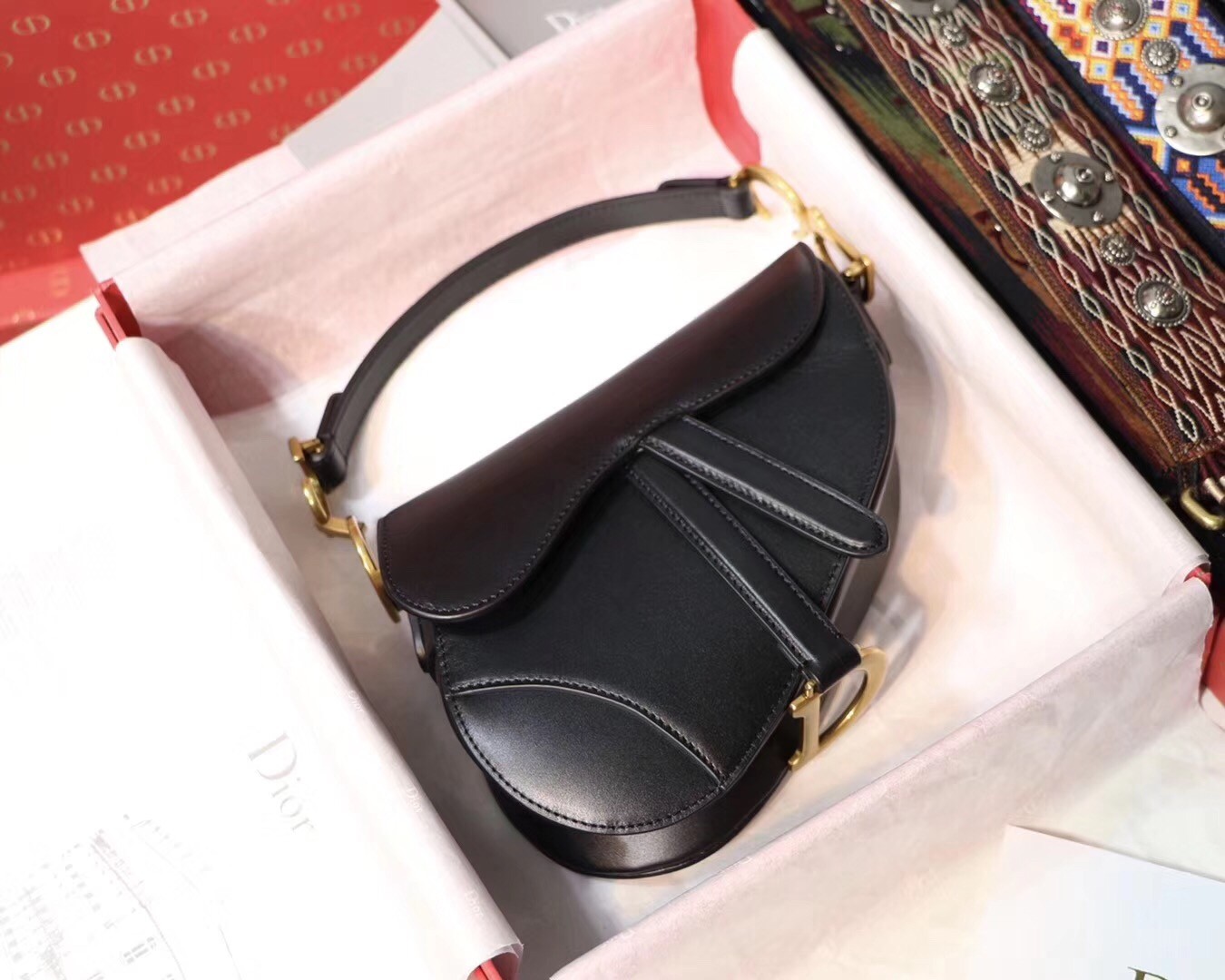 D*or mini saddle bag in black calfskin