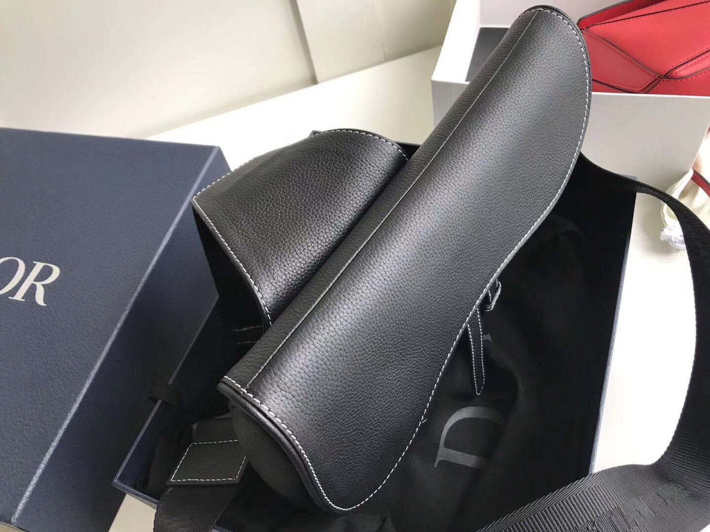 D*or men''s saddle belt bag in black grained calfskin