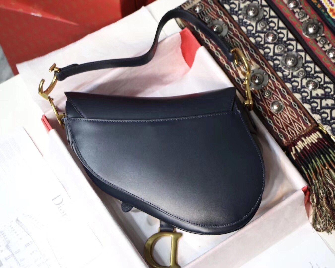 D*or saddle bag in navy blue calfskin