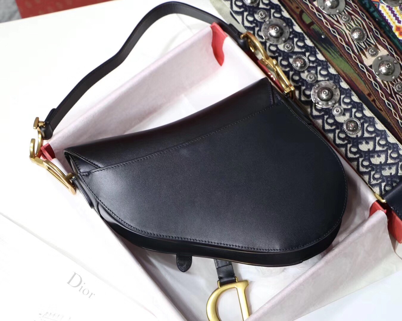 D*or saddle bag in black calfskin