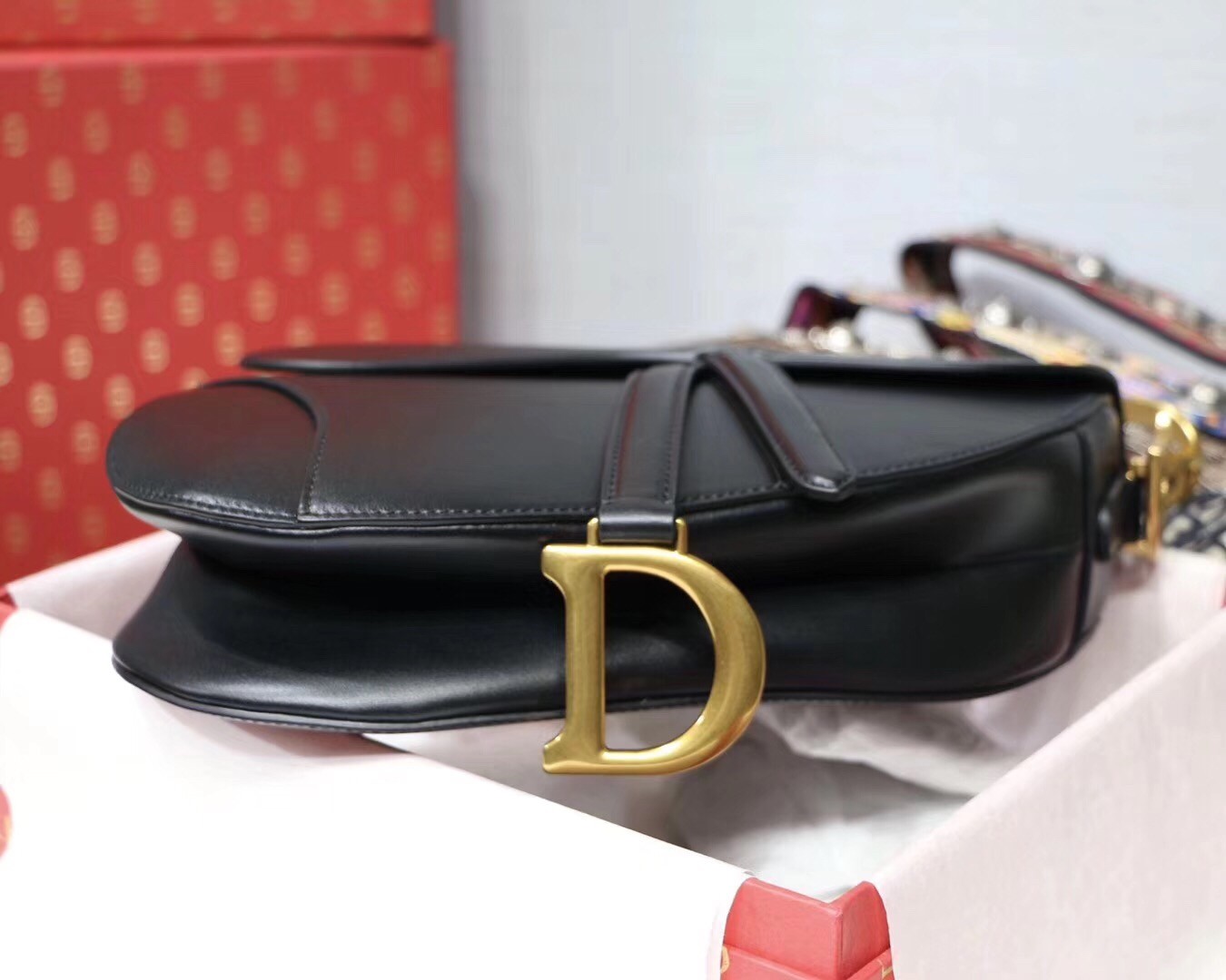 D*or saddle bag in black calfskin