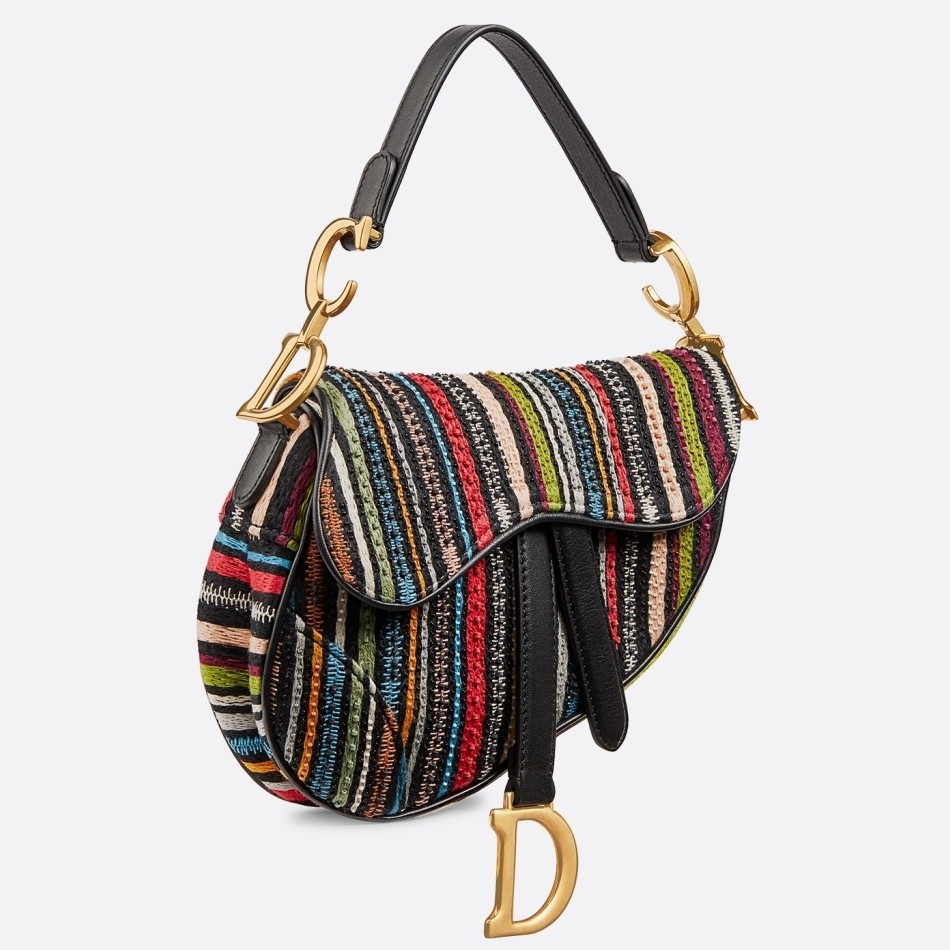 D*or saddle canvas bag embroidered with multi-coloured stripes