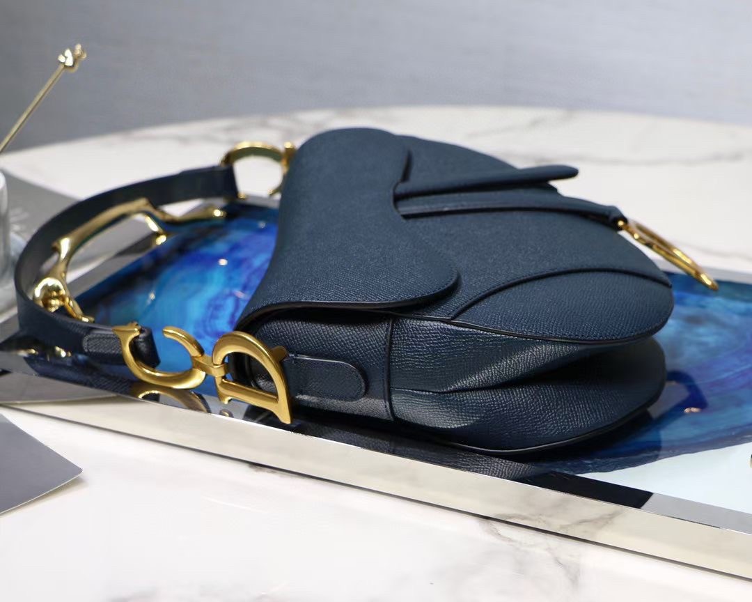 D*or saddle bag in navy blue grained calfskin