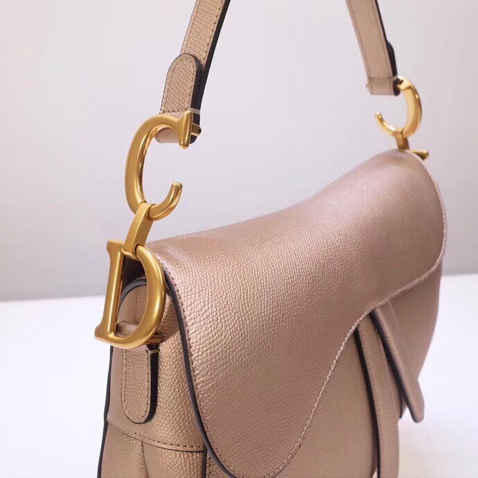 D*or saddle bag in champagne metallic grained calfskin
