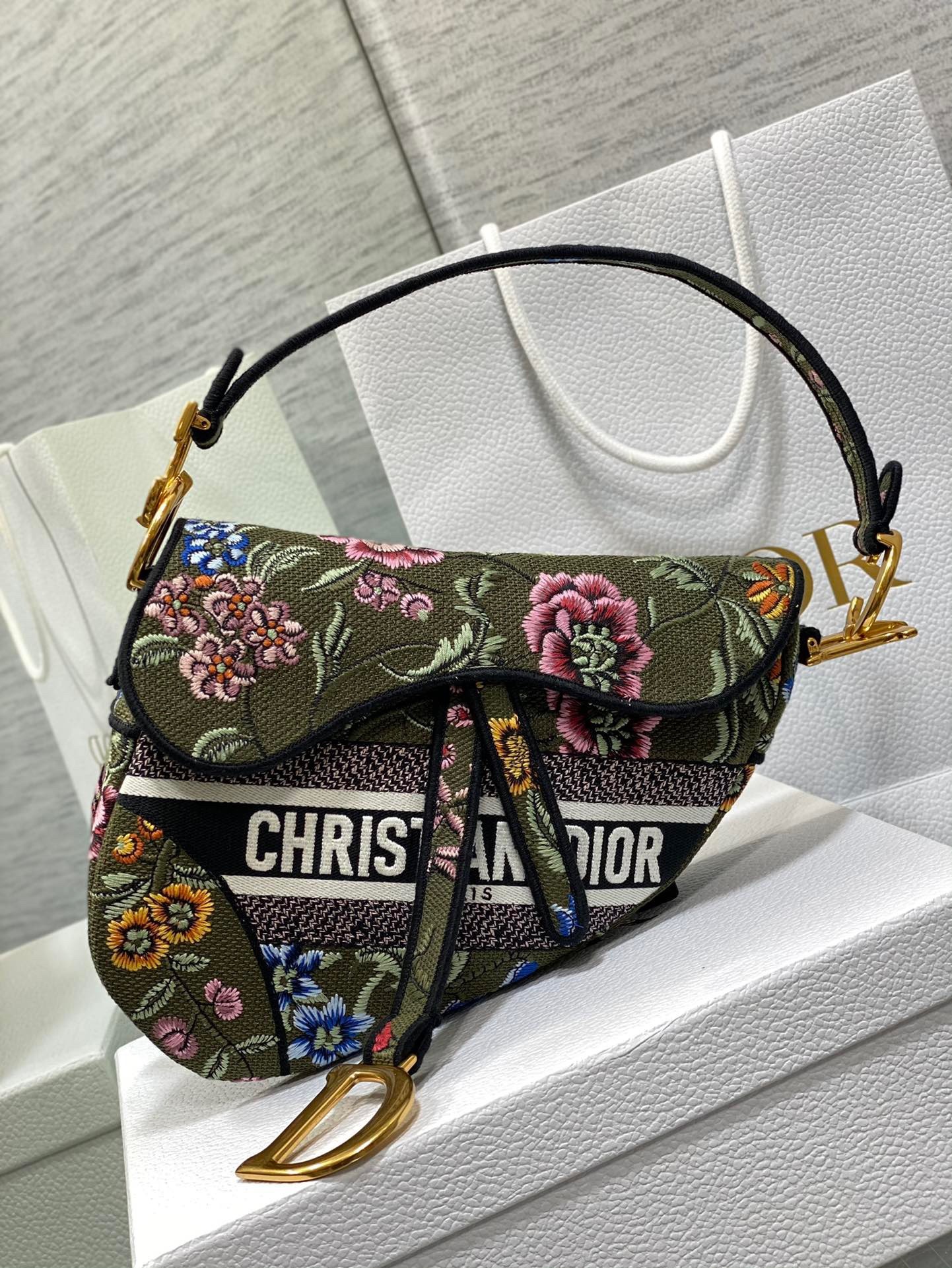 D*or saddle bag in green multicolor D*or petites fleurs embroidery
