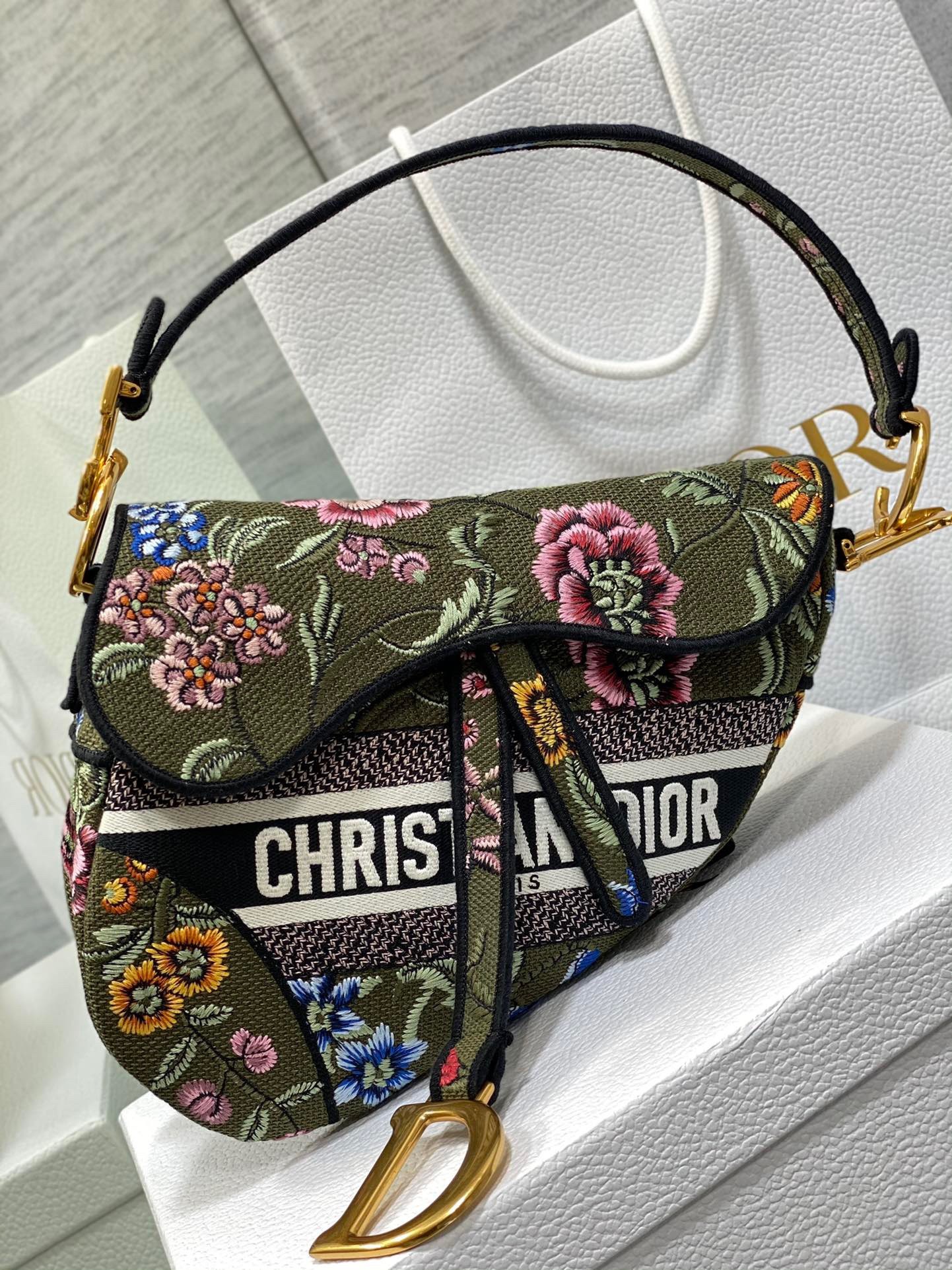 D*or saddle bag in green multicolor D*or petites fleurs embroidery