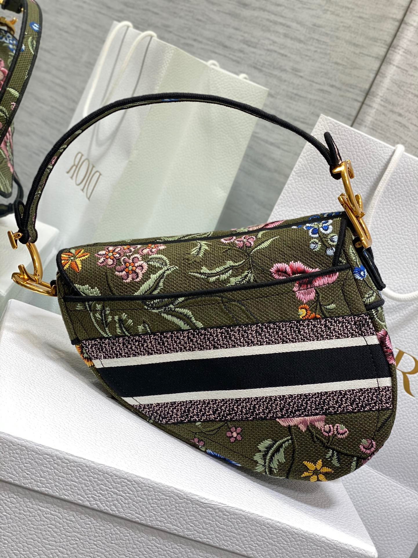 D*or saddle bag in green multicolor D*or petites fleurs embroidery
