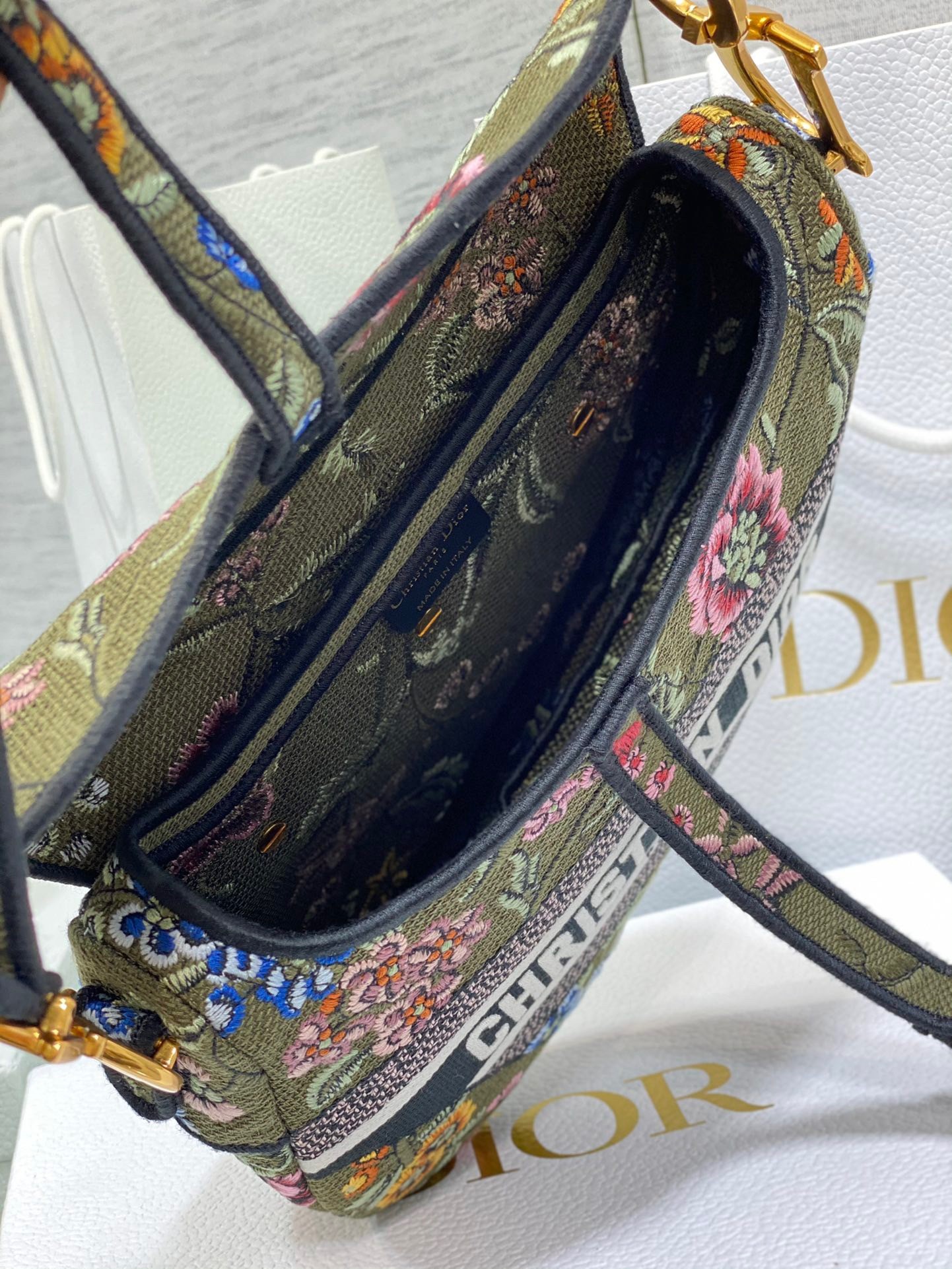 D*or saddle bag in green multicolor D*or petites fleurs embroidery