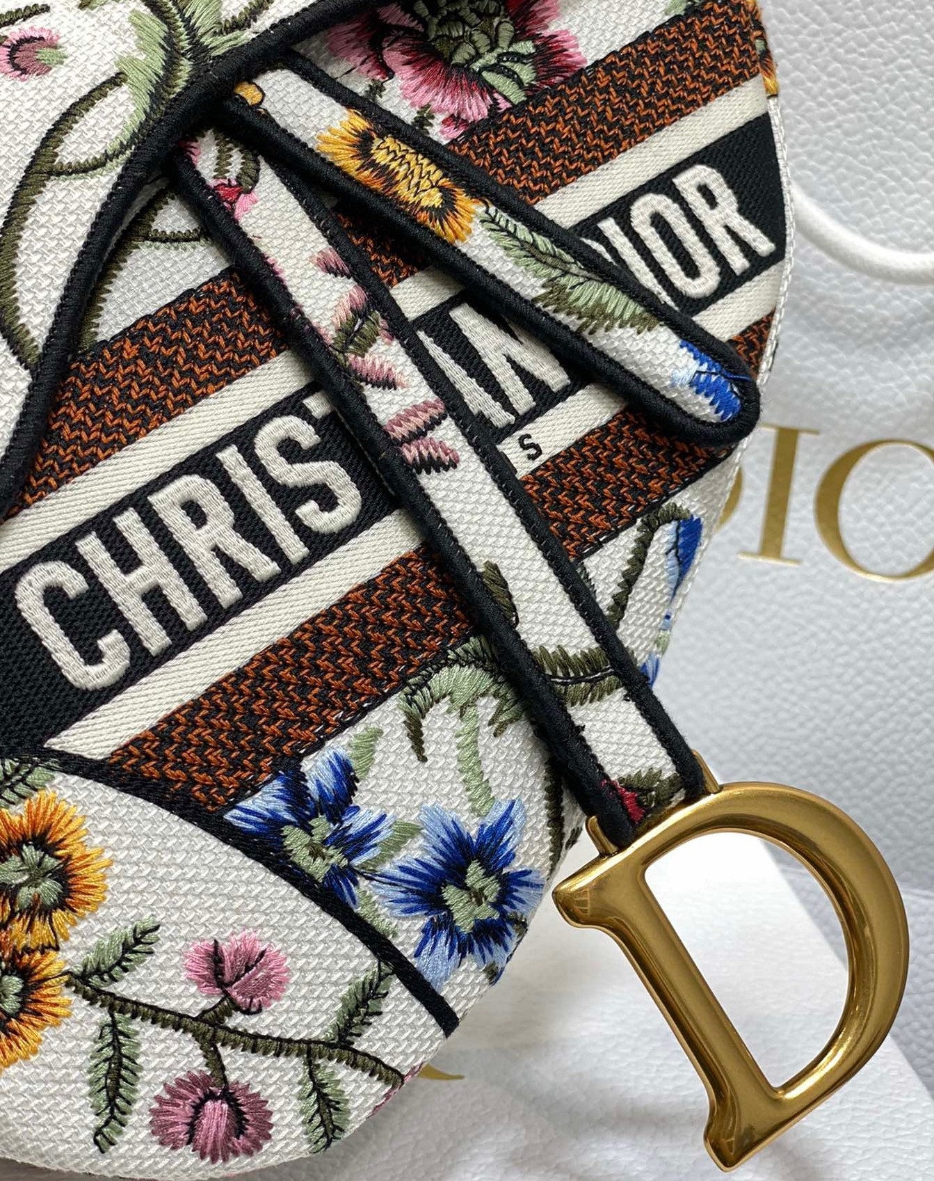 D*or saddle bag in white multicolor D*or petites fleurs embroidery