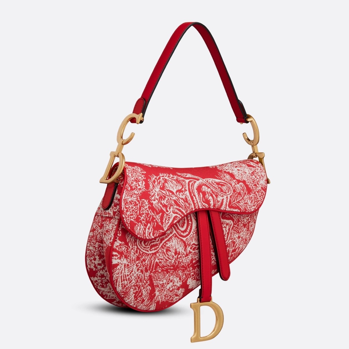 D*or saddle bag in red toile de jouy reverse jacquard