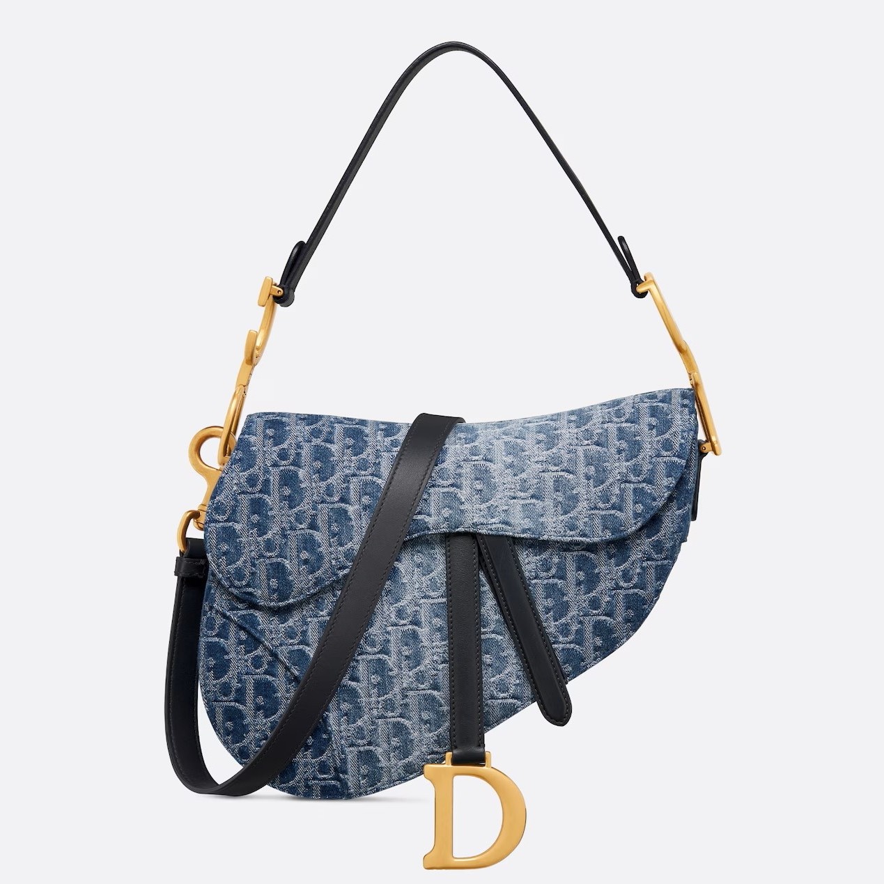 D*or saddle bag with strap in blue denim oblique jacquard