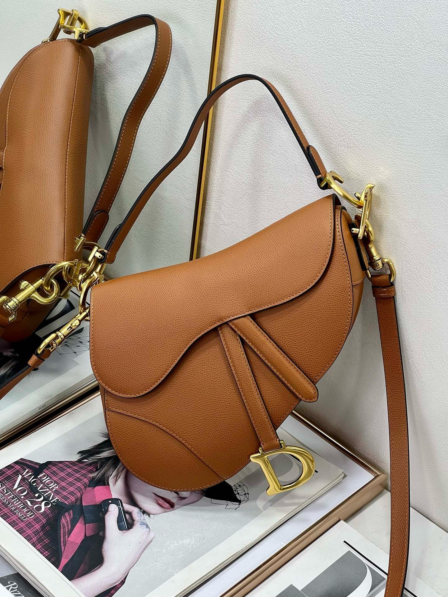 D*or saddle bag with strap in brown grained calfskin