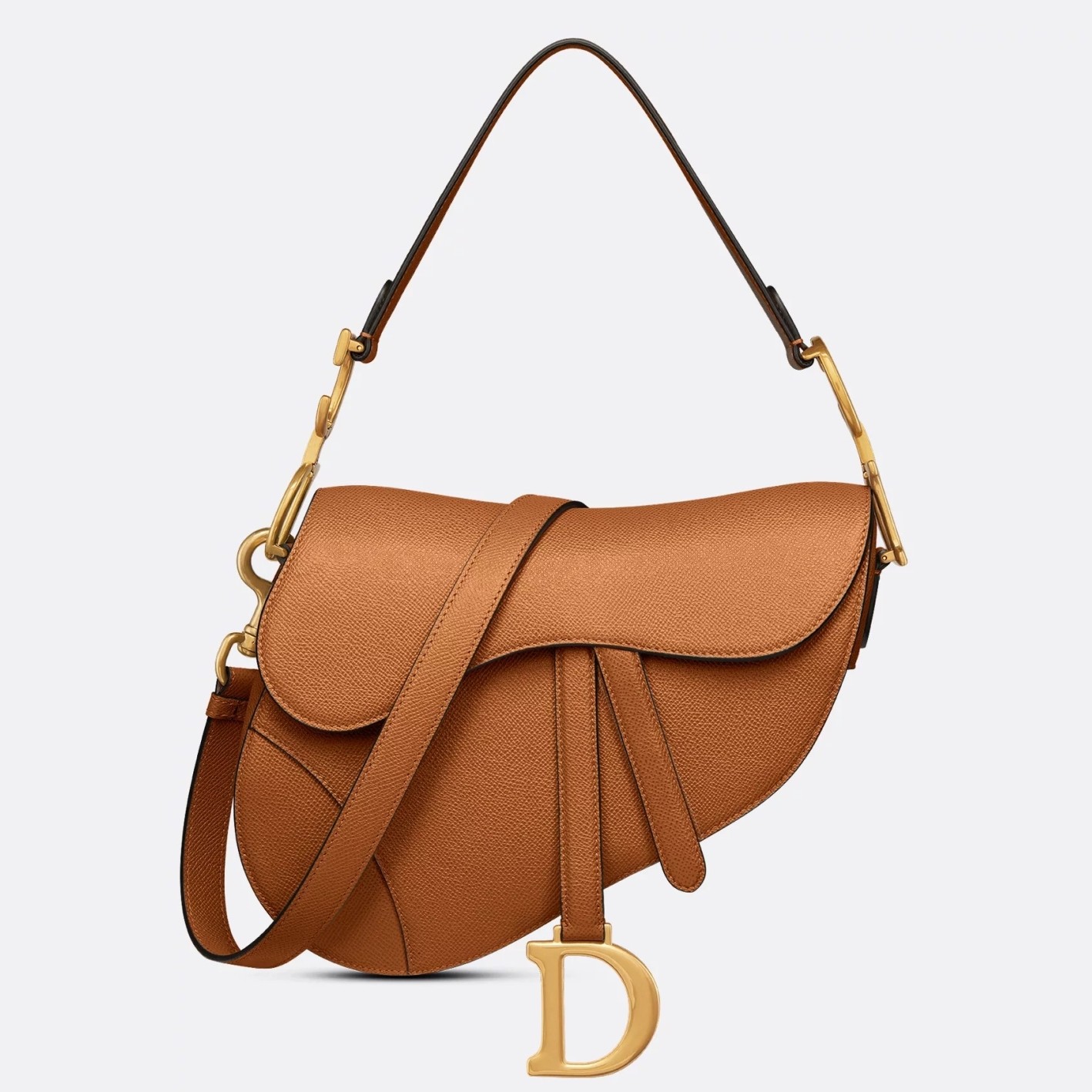 D*or saddle bag with strap in brown grained calfskin