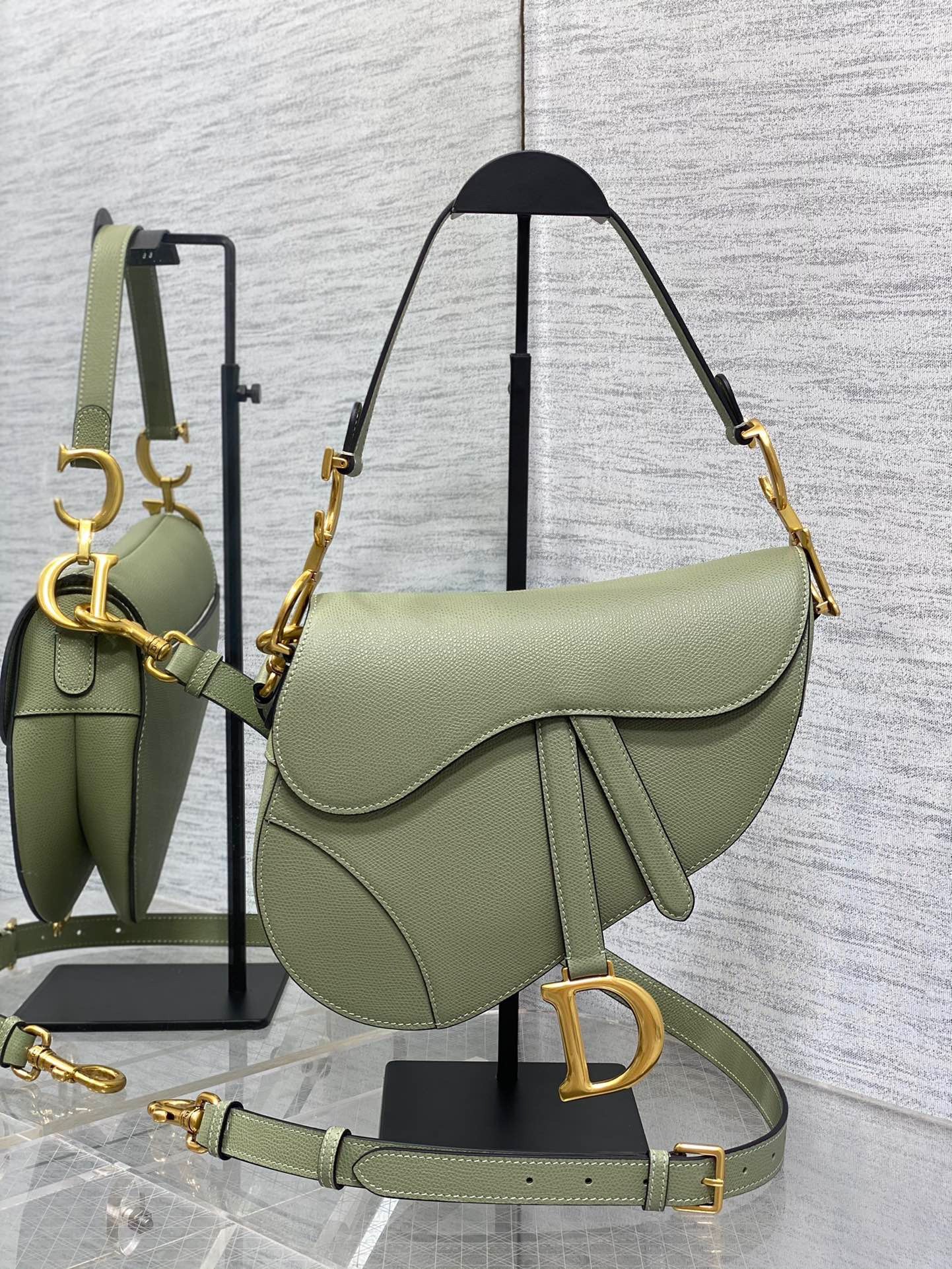 D*or saddle bag with strap in ethereal green grained calfskin