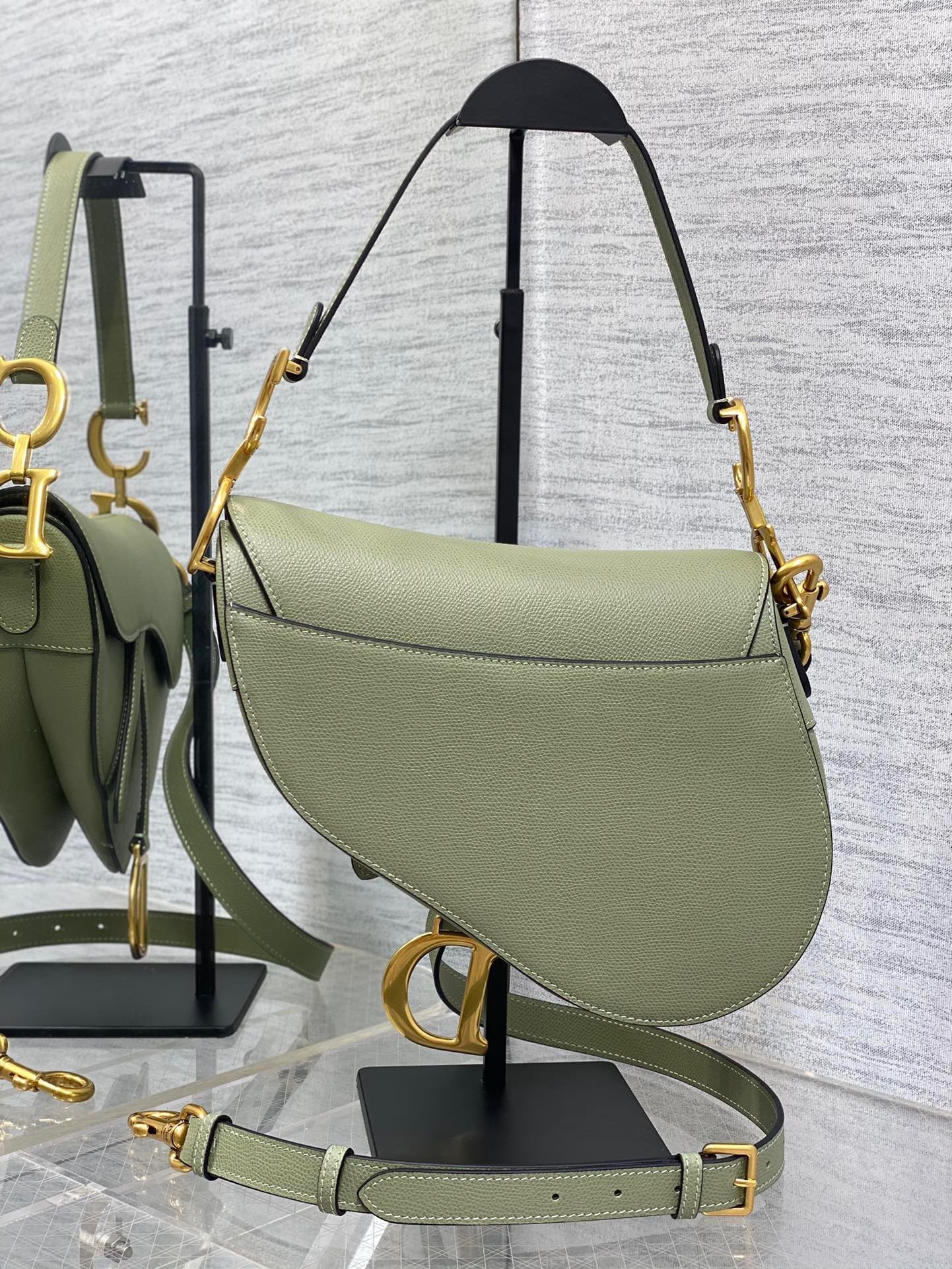 D*or saddle bag with strap in ethereal green grained calfskin