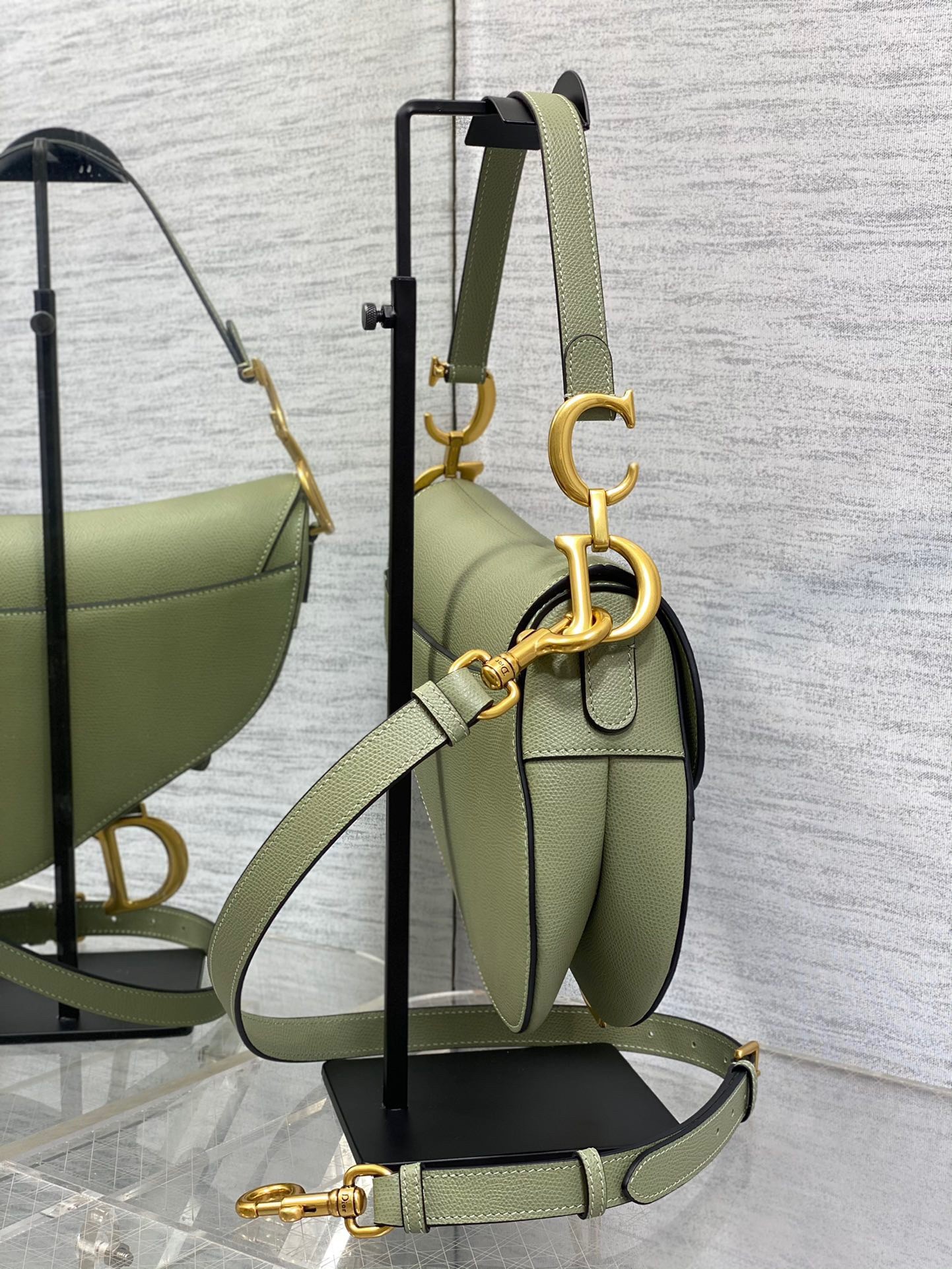 D*or saddle bag with strap in ethereal green grained calfskin
