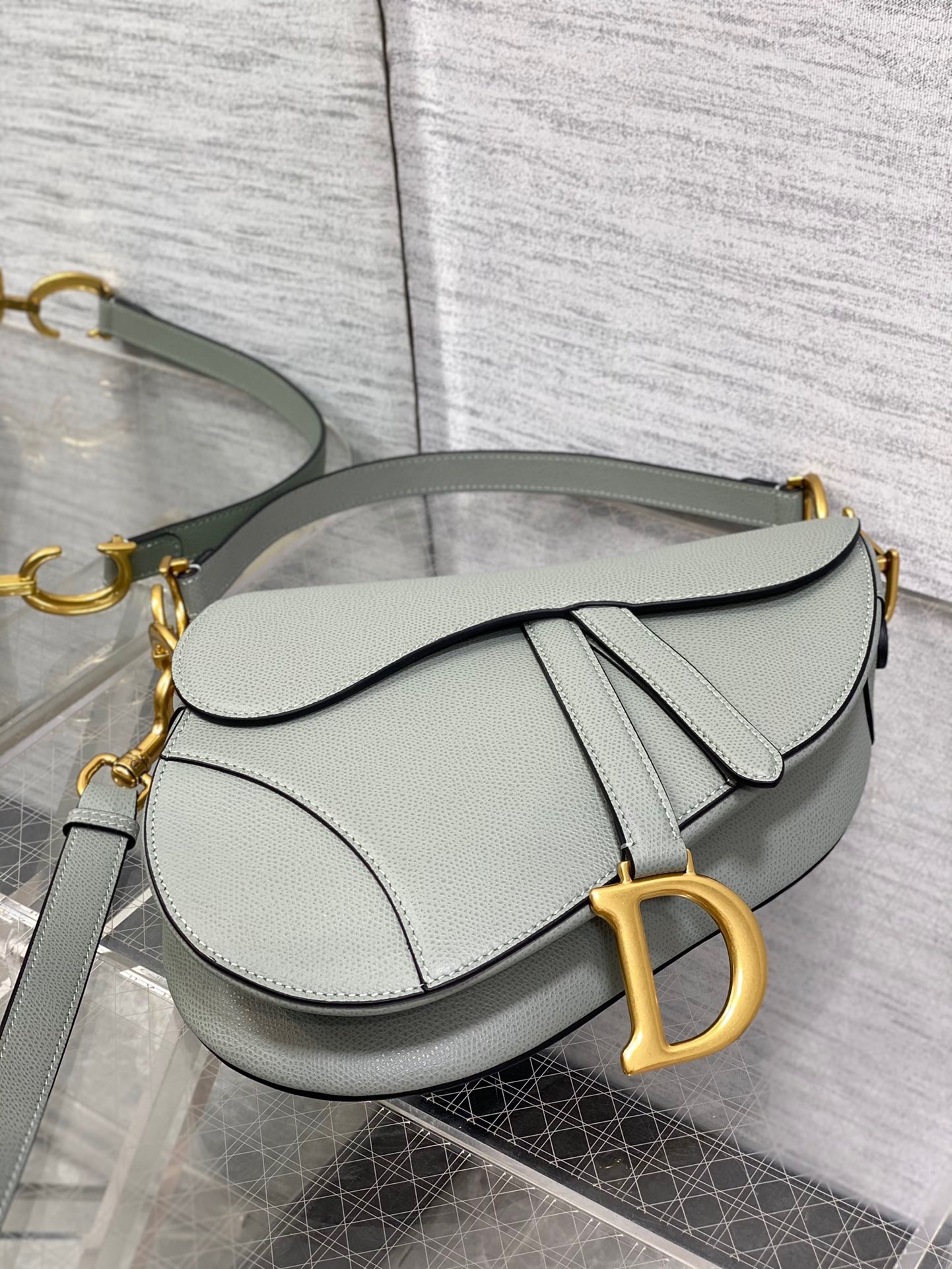 D*or saddle bag with strap in grey stone grained calfskin